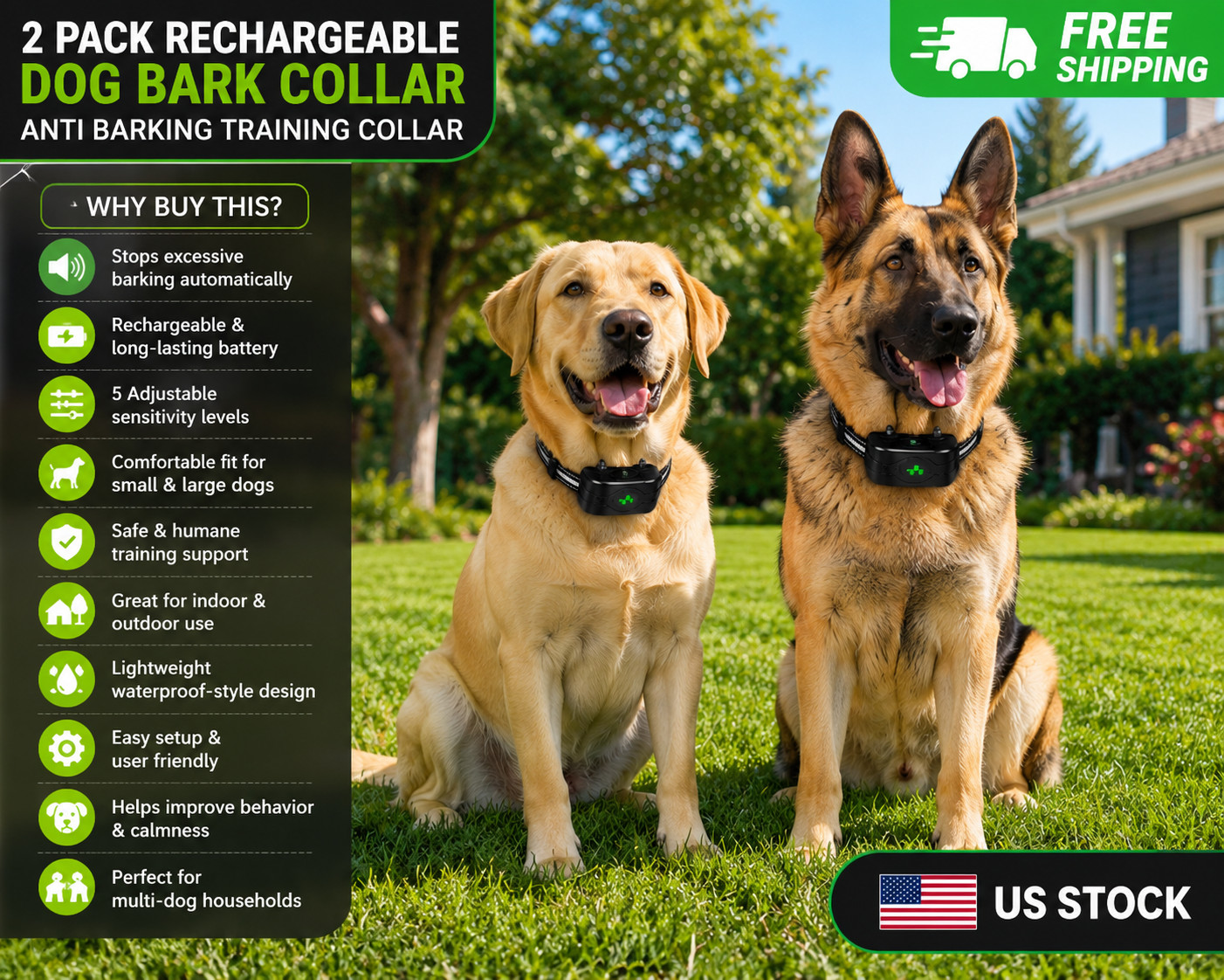 2 Pack Rechargeable Dog Bark Collar Anti Barking Training Collar 5 Sensitivity