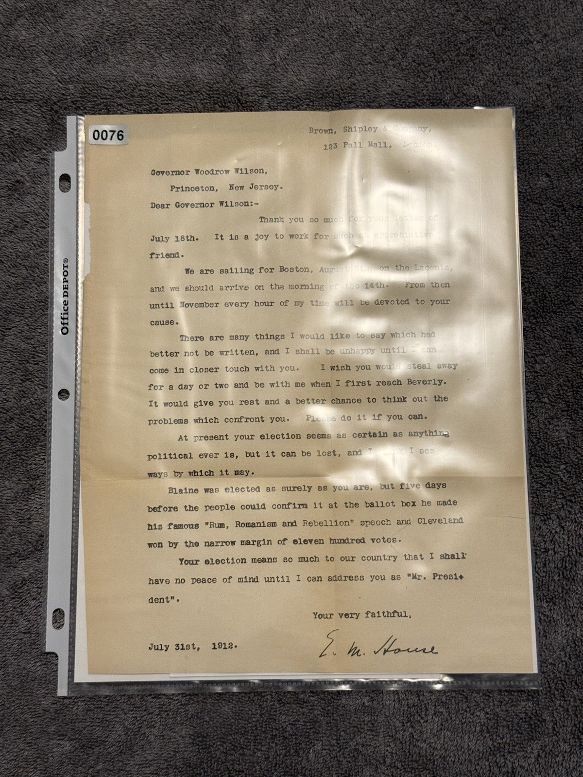 1912 E.M. House Signed Letter to Woodrow Wilson Presidential Election Campaign