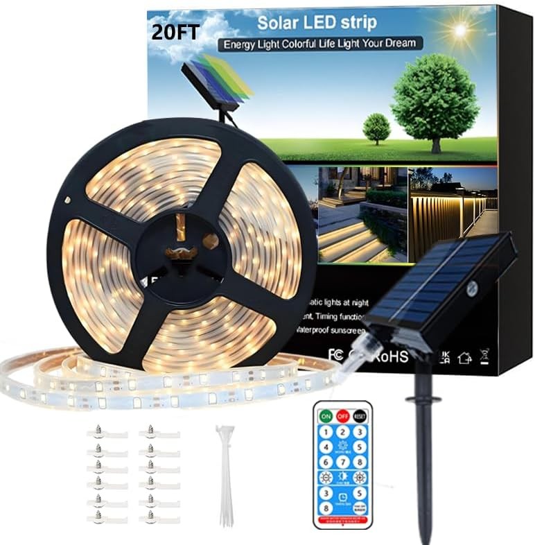 Led Strip Lights Outdoor, 20ft Solar Rope Lights Self-Adhesive Waterproof 8Mode