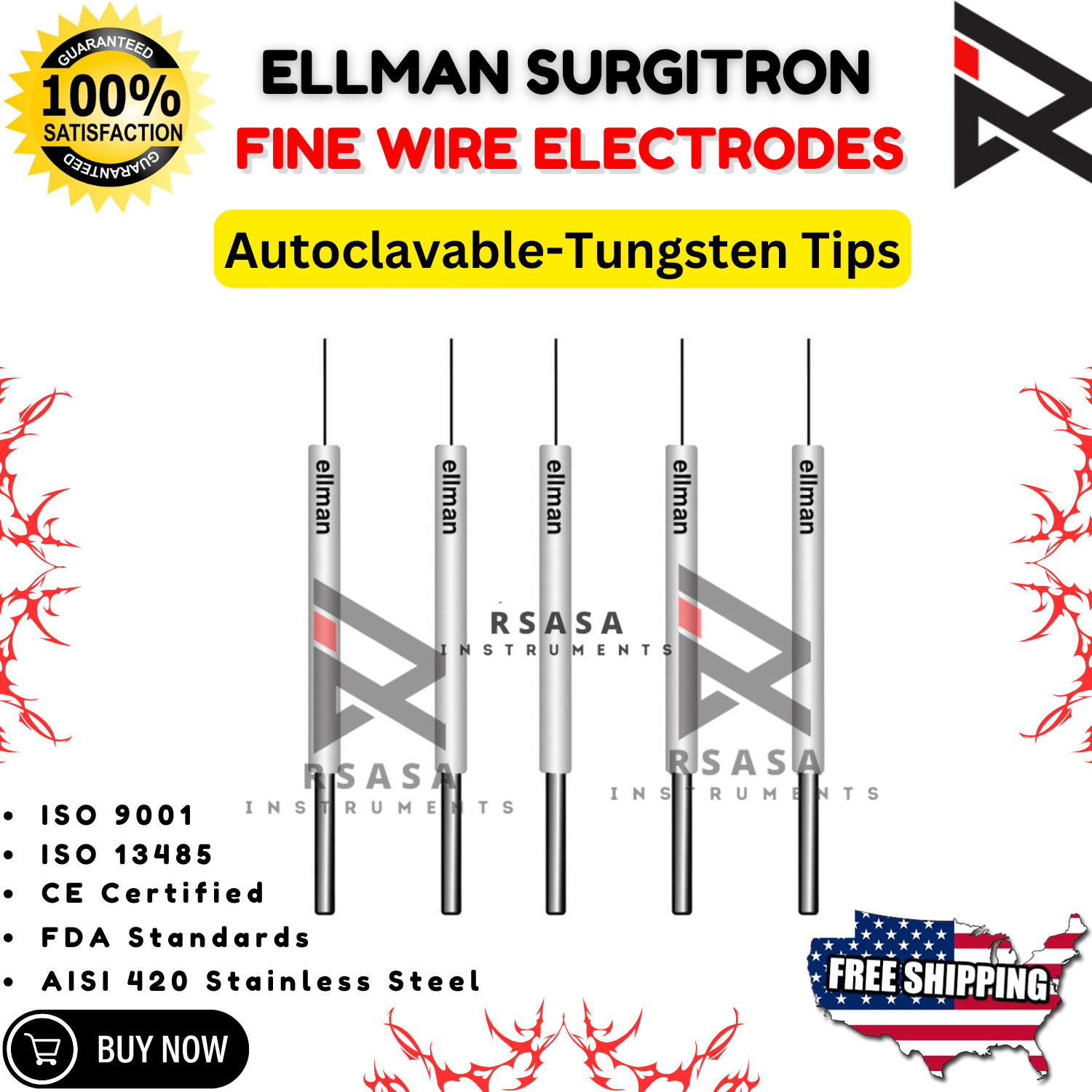 Ellman Surgitron Fine Wire Needle Electrode 5Pcs Tungsten Tips Autoclavable CE.