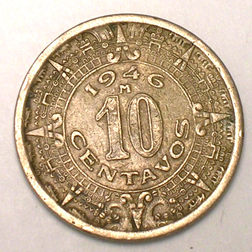 1946 Mexico Mexican 10 Centavos Eagle Snake Coin VF+