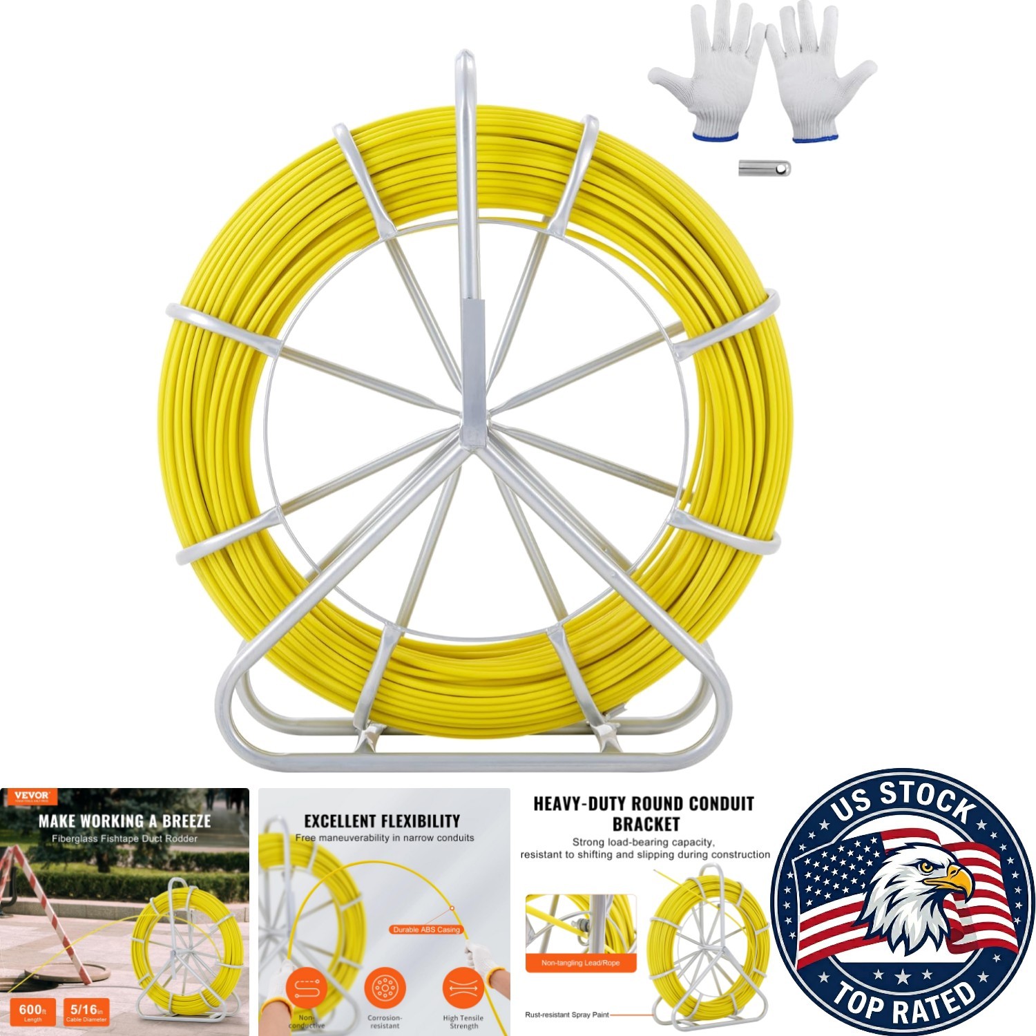 600 ft Fiberglass Fish Tape Wire Puller with Steel Reel for Electricians