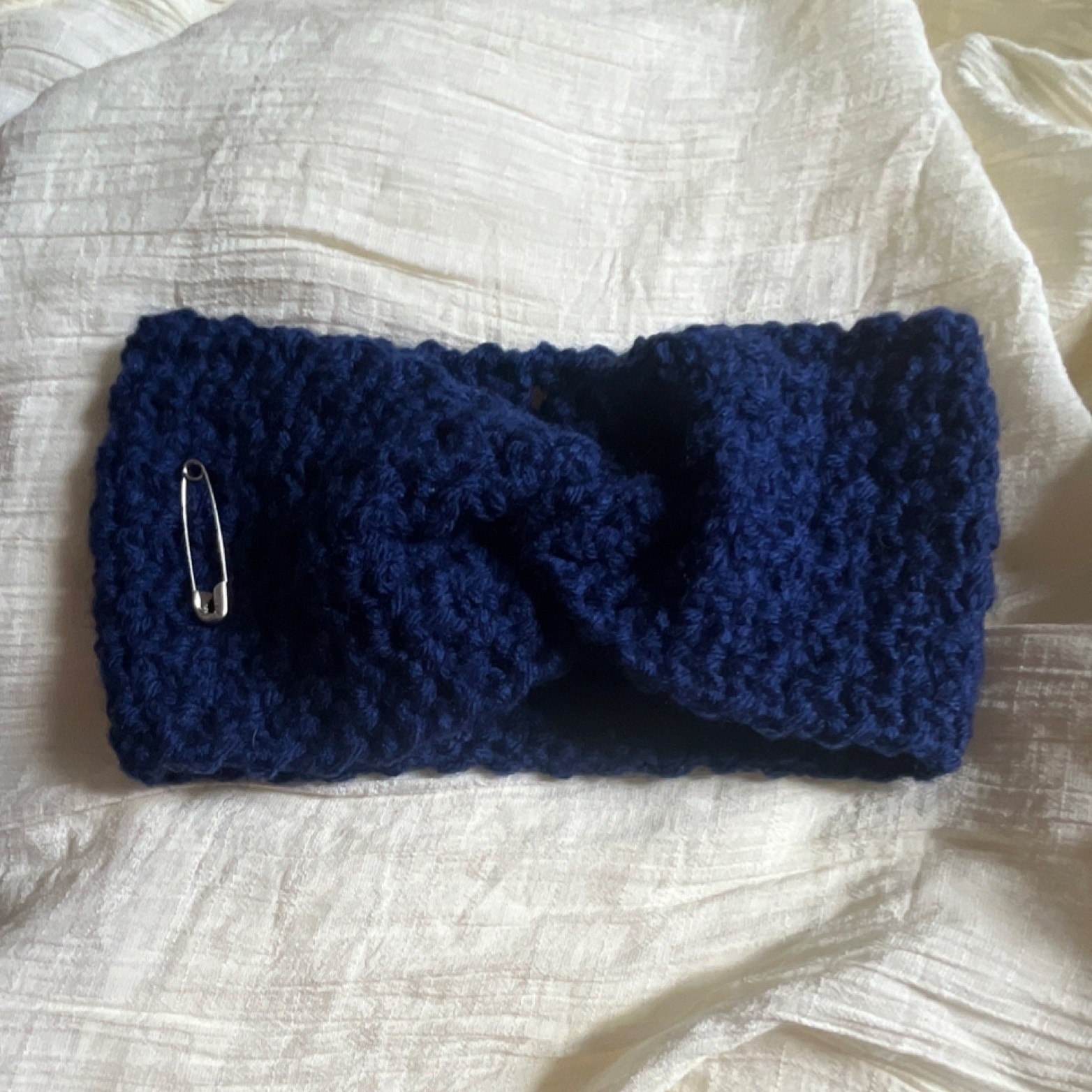Handmade Navy Blue Knitted Headband with Twist Design Accessory
