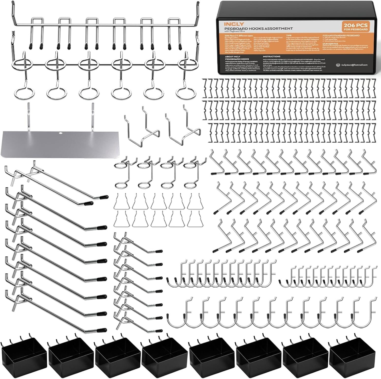 206PCS Pegboard Accessories Organizer Kit, Peg Board Hooks Set with Bins for Han