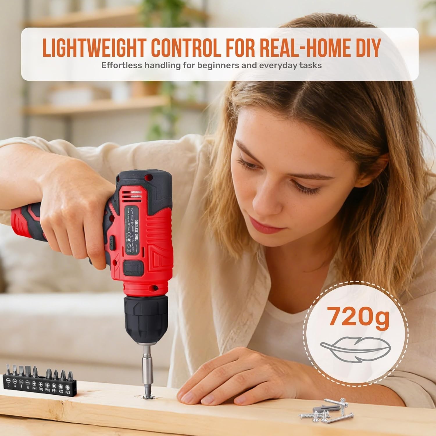 Hi-Spec 8V USB Cordless Drill Driver Kit w/ Drill & Screwdriver Bits Red