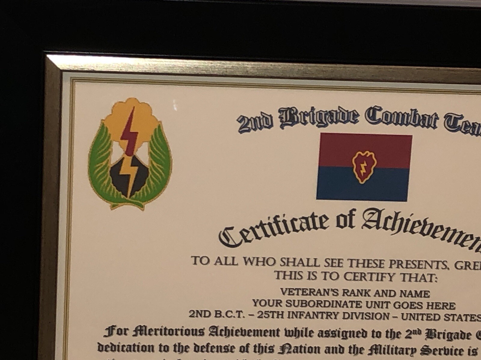 2ND B.C.T. / 25TH INFANTRY DIVISION (COMMEMORATIVE CERTIFICATE)