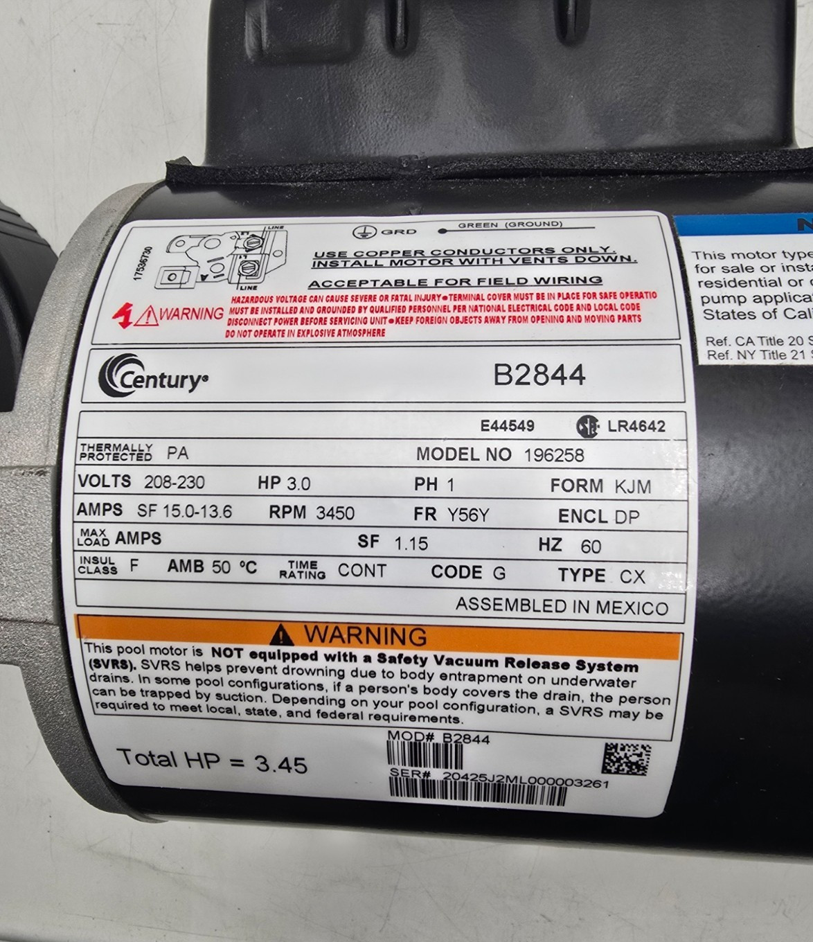 CENTURY B2844 E-PLUS SQUARE FLANGE 3HP FULL RATED 56Y MOTOR