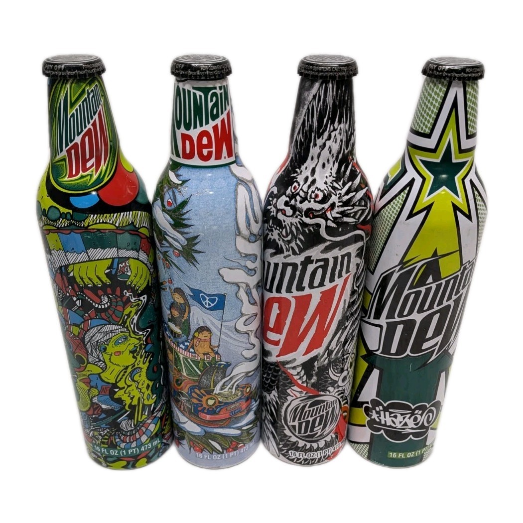 Lot of 4 Mountain Dew Green Label Collector's Bottles Unopened Full