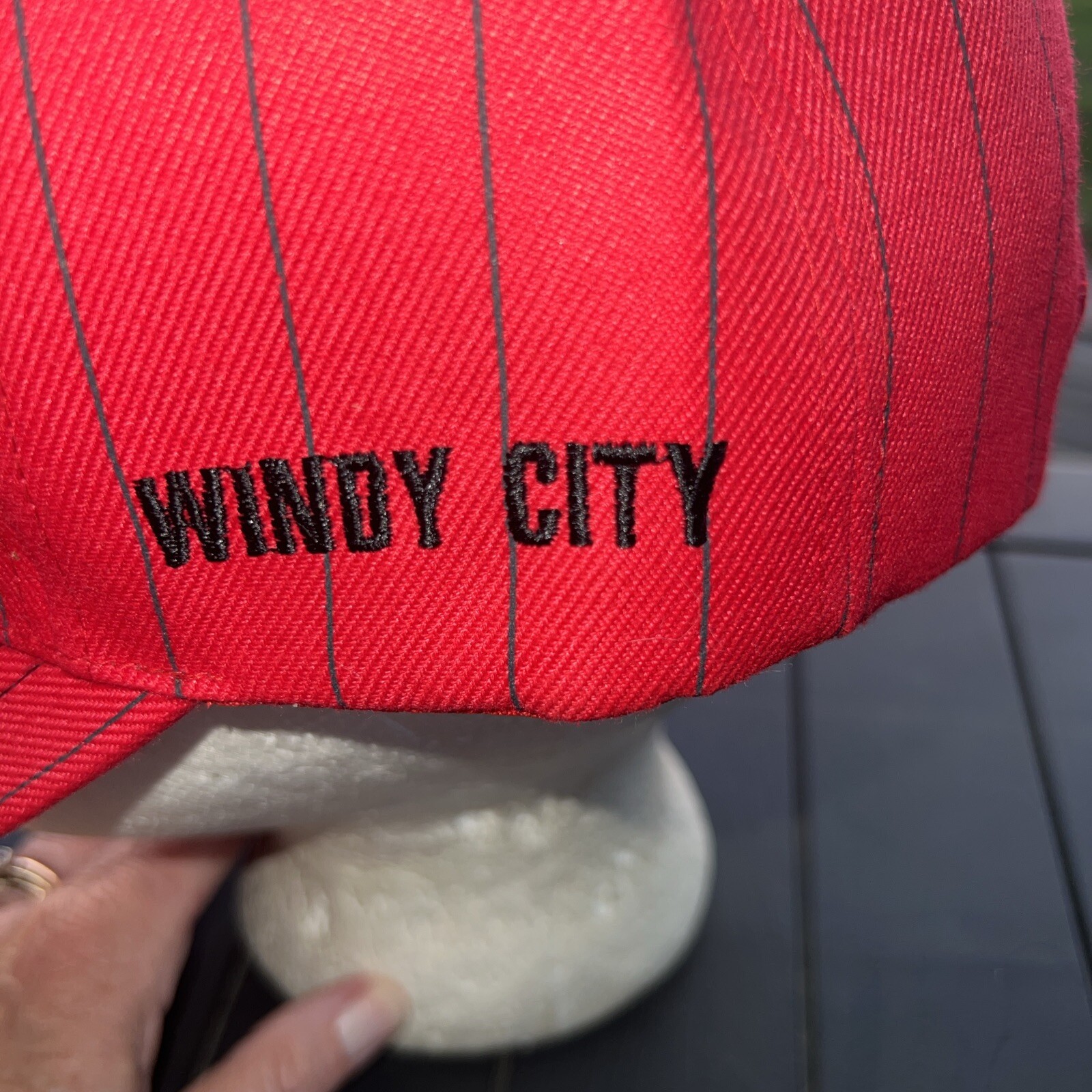 Chicago’s Wind City Red with Black Pinstripe Hat Cap Hook Loop EUC