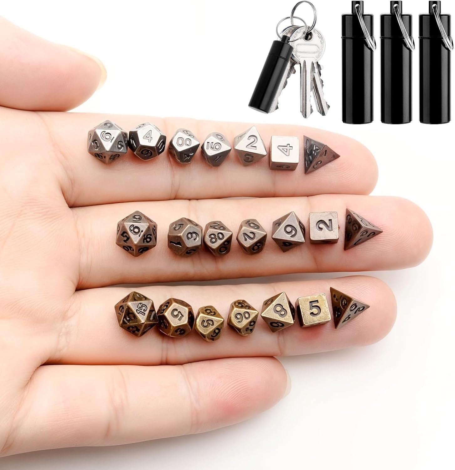 21 Pcs Mini Dice Set, DND Dice Metal Micro Miniature Dices with EDC Keychain Cas