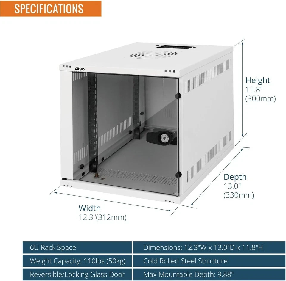 10" Wall Mount 6U Network Cabinet - 110Lbs Capacity, White Server Rack Set