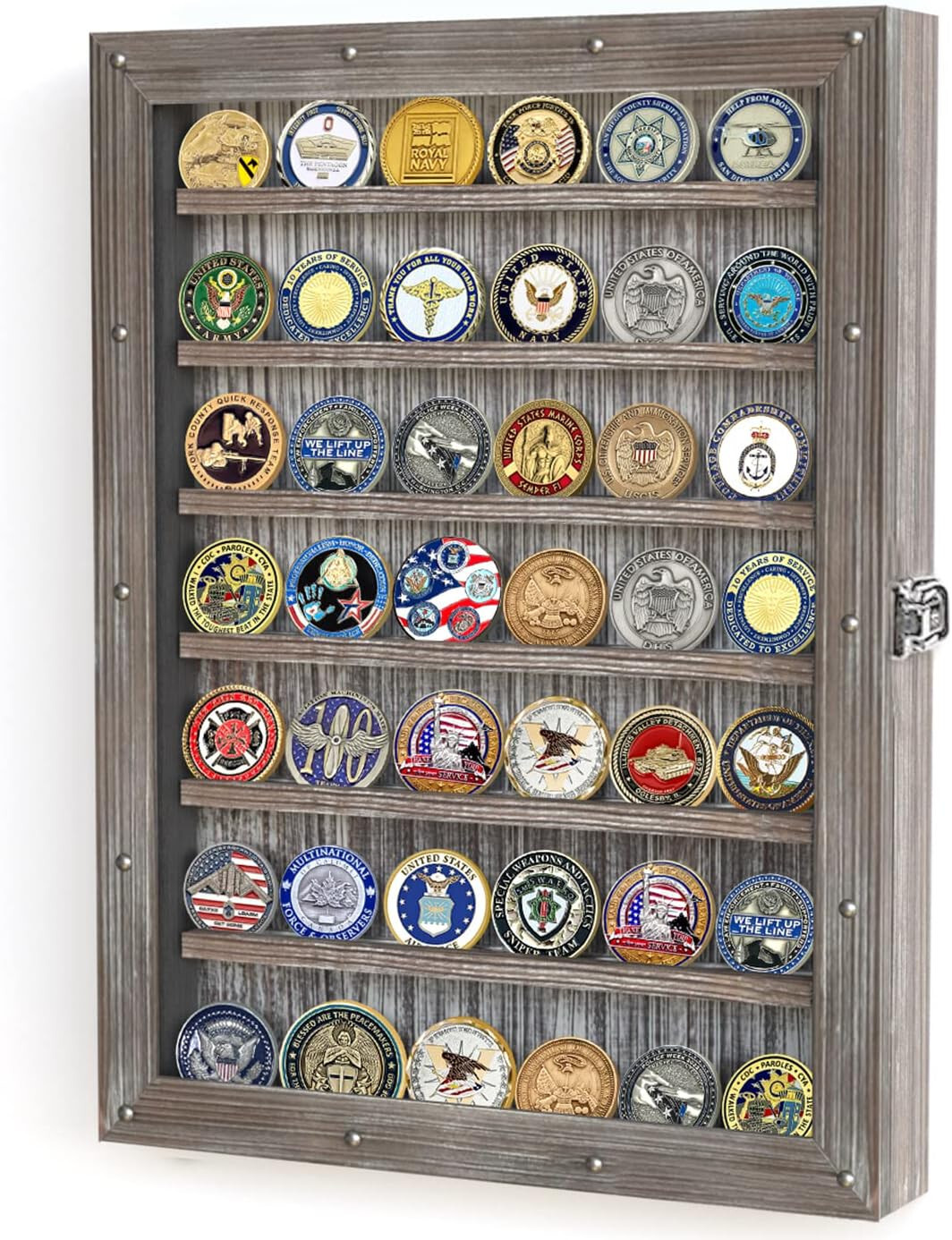 Challenge Coin Display Case 40 Pcs Rustic Gray Military Cabinet Wood Shadow Box