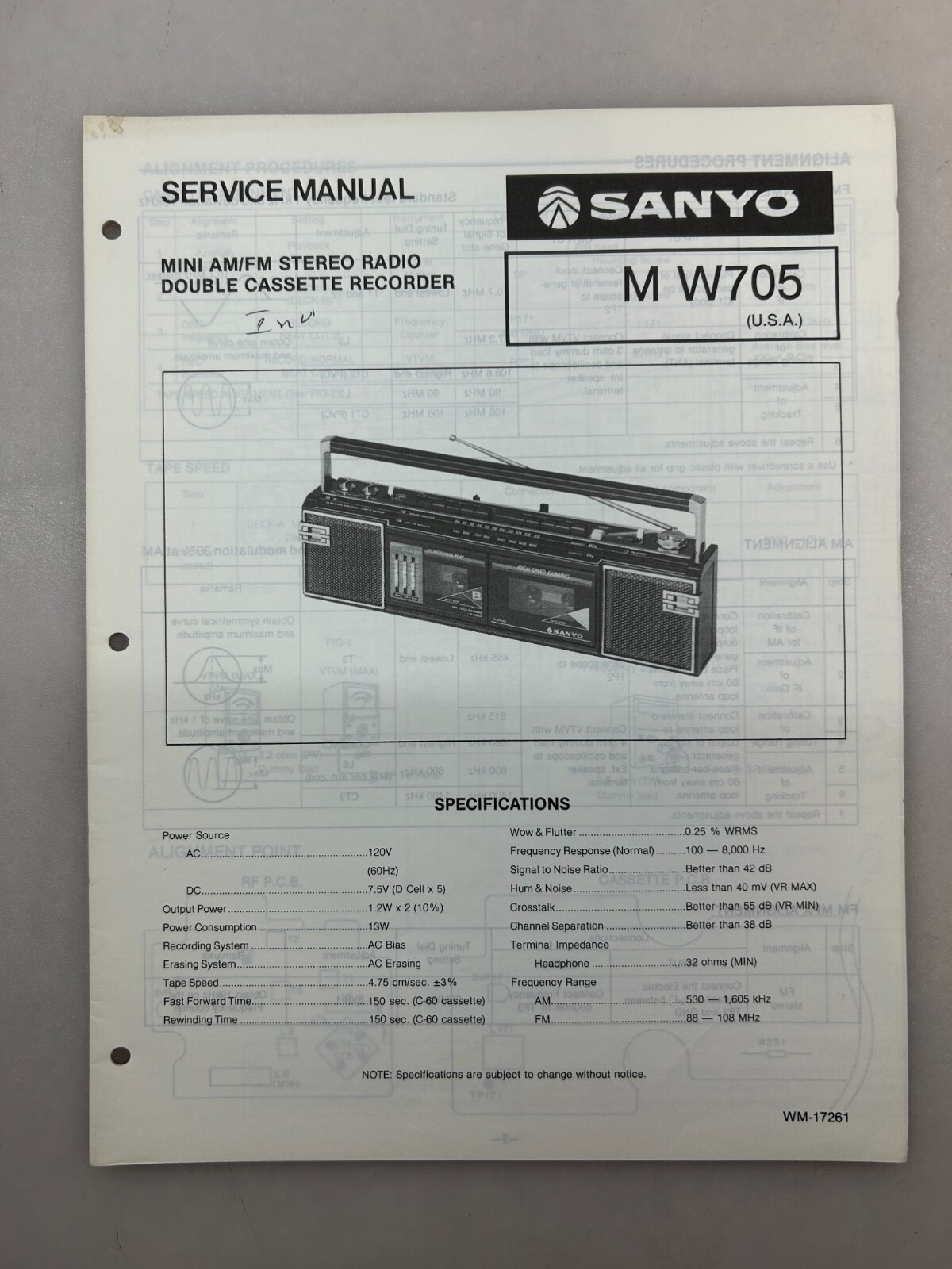Sanyo M W705 Original Service Manual Free Shipping