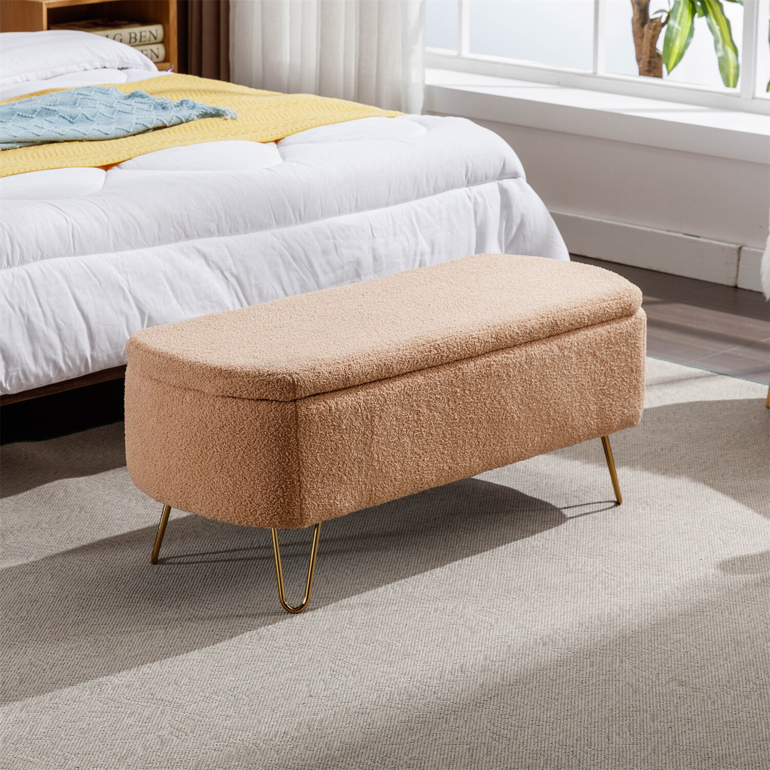 39in Storage Bench Faux Fur Upholstered Ottoman for End of Bed Footstools US