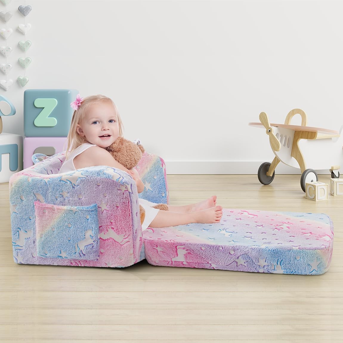 Toddler Chair and Couch, 2 -in-1 Toddler Couch Fold Out, Convertible Chairs f...