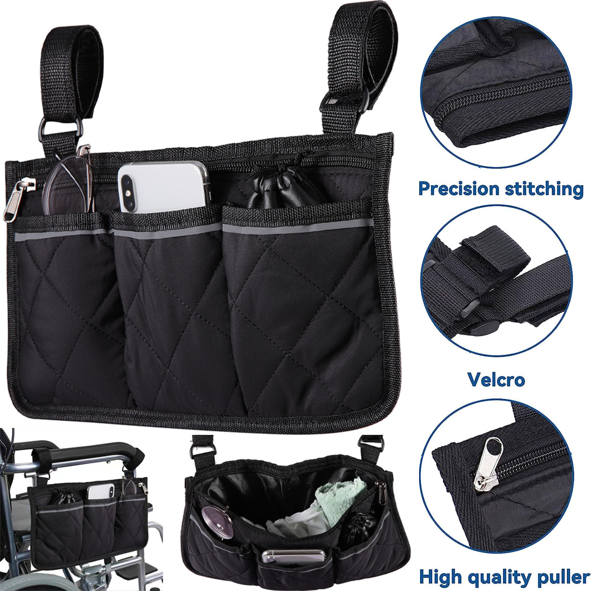 Wheelchair Side Pouch Storage Bag Armrest Pocket Outdoor Organizer Holder Pocket