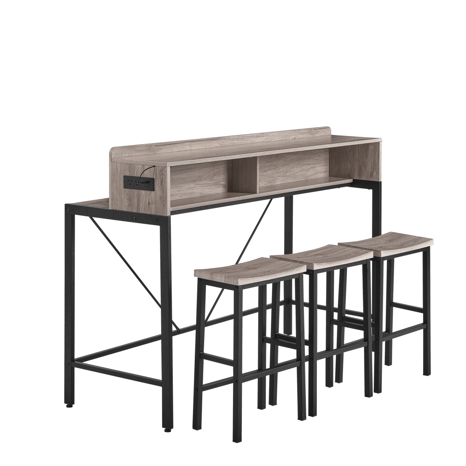 4 Piece Bar Table Set Bar Table with 3 Bar Stool & LED light & USB Port