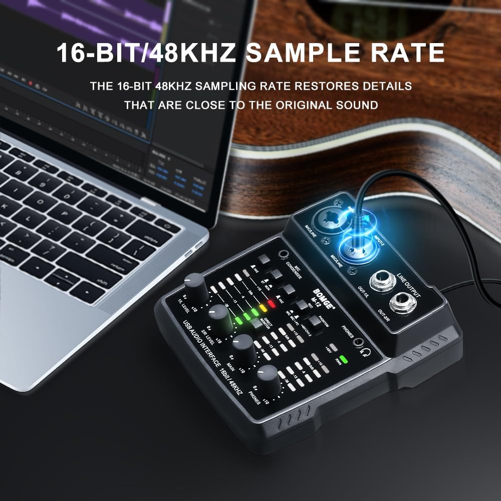 BOMGE M12 USB Audio Interface, 2-Channel Mixer, XLR/3.5mm Input, 48V Power Su...