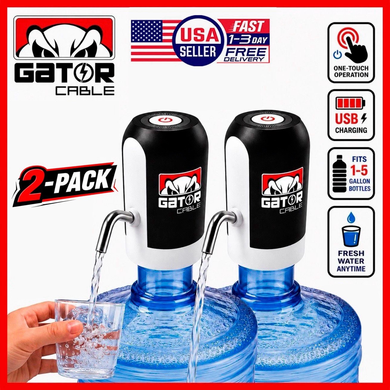 2-Pack Water Bottle Pump Electric Automatic Dispenser 5 Gallon USB Rechargeable