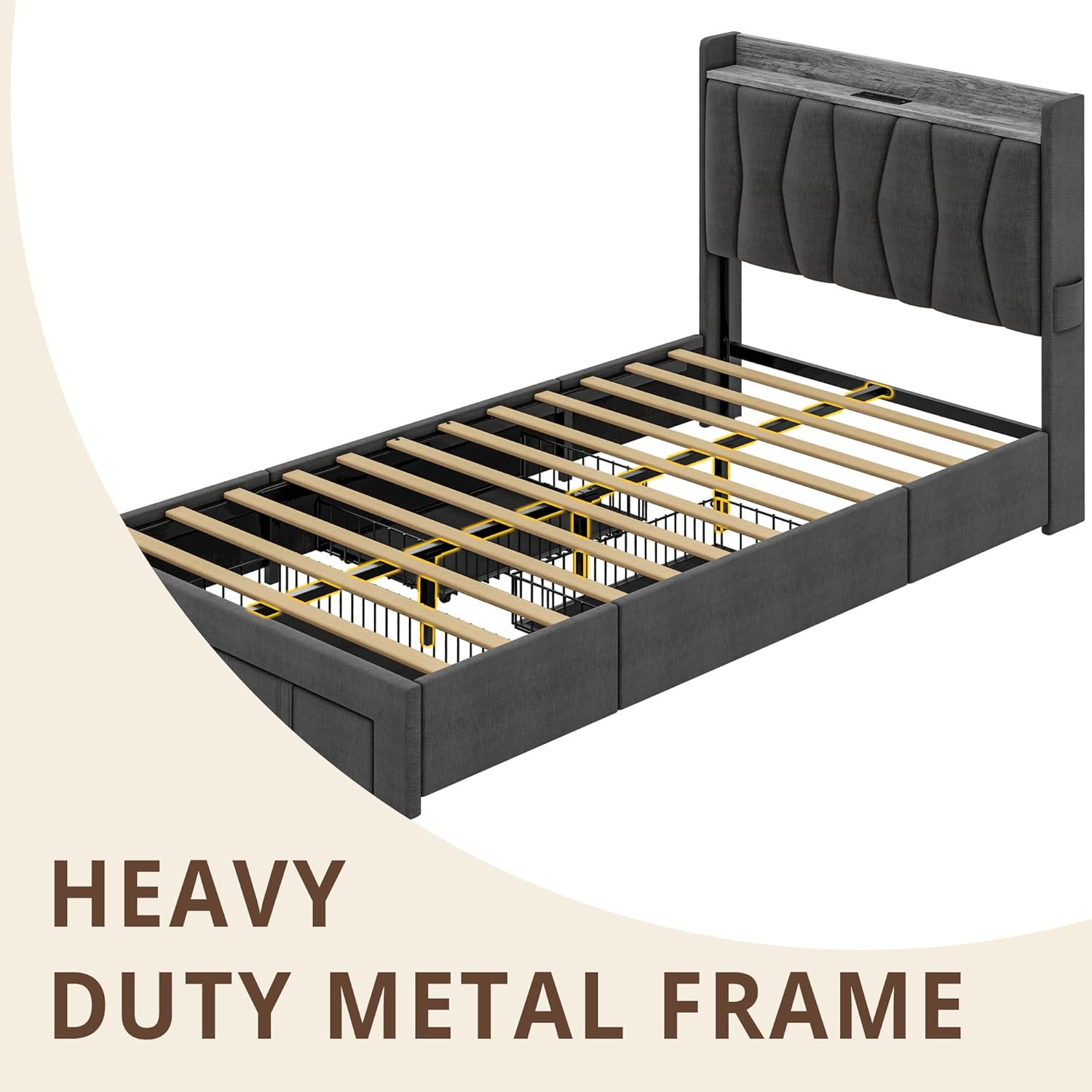 Twin Bed Frame with 3 Drawers, Upholstered Platform Bed with Storage Headboard a