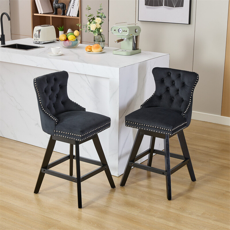 Set of 2 Swivel Velvet Barstools w/Button Tufted Decoration & Wooden Legs Black