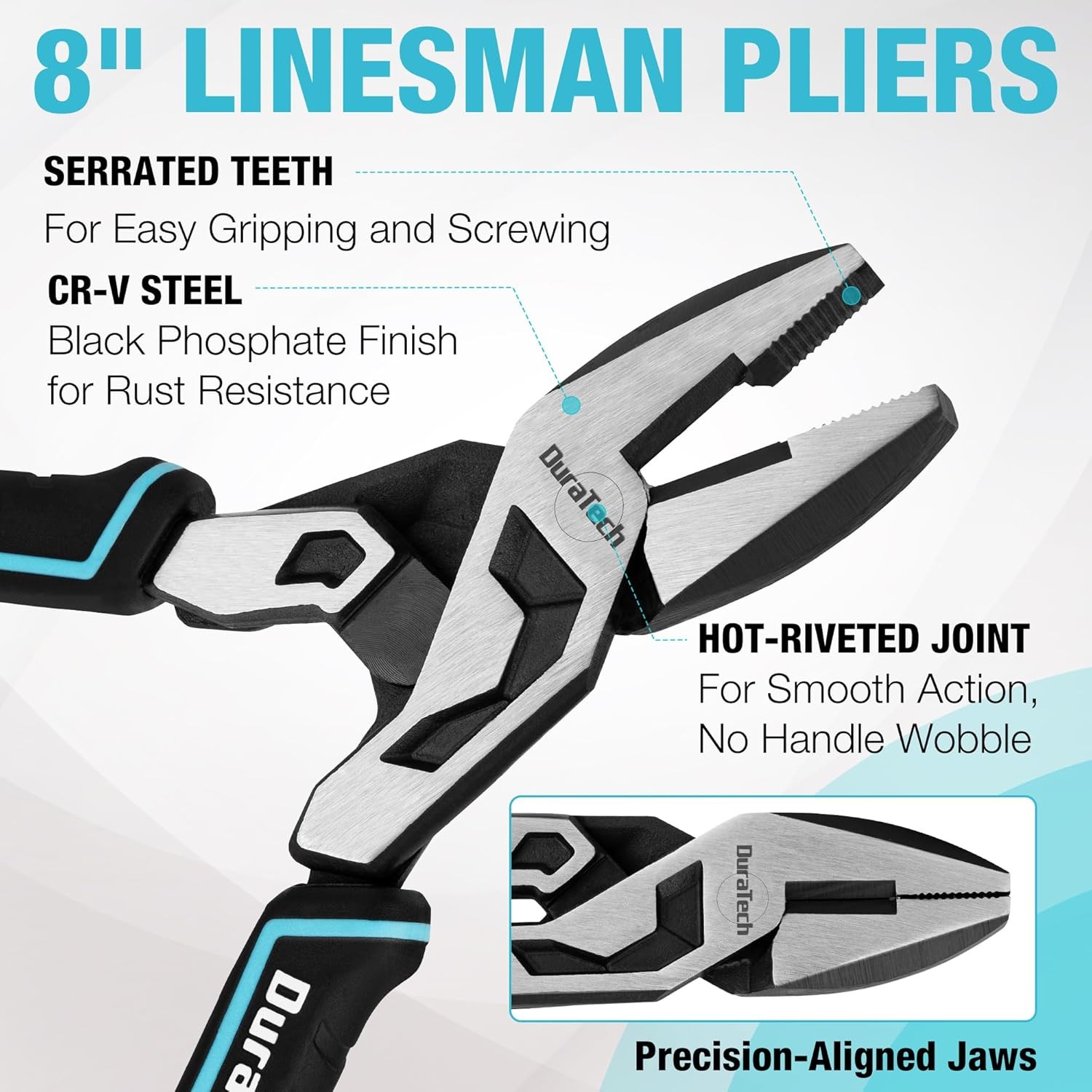 DURATECH 8-Inch Compound Lineman's Pliers Gen 2 Dual Pivot High-Leverage Design