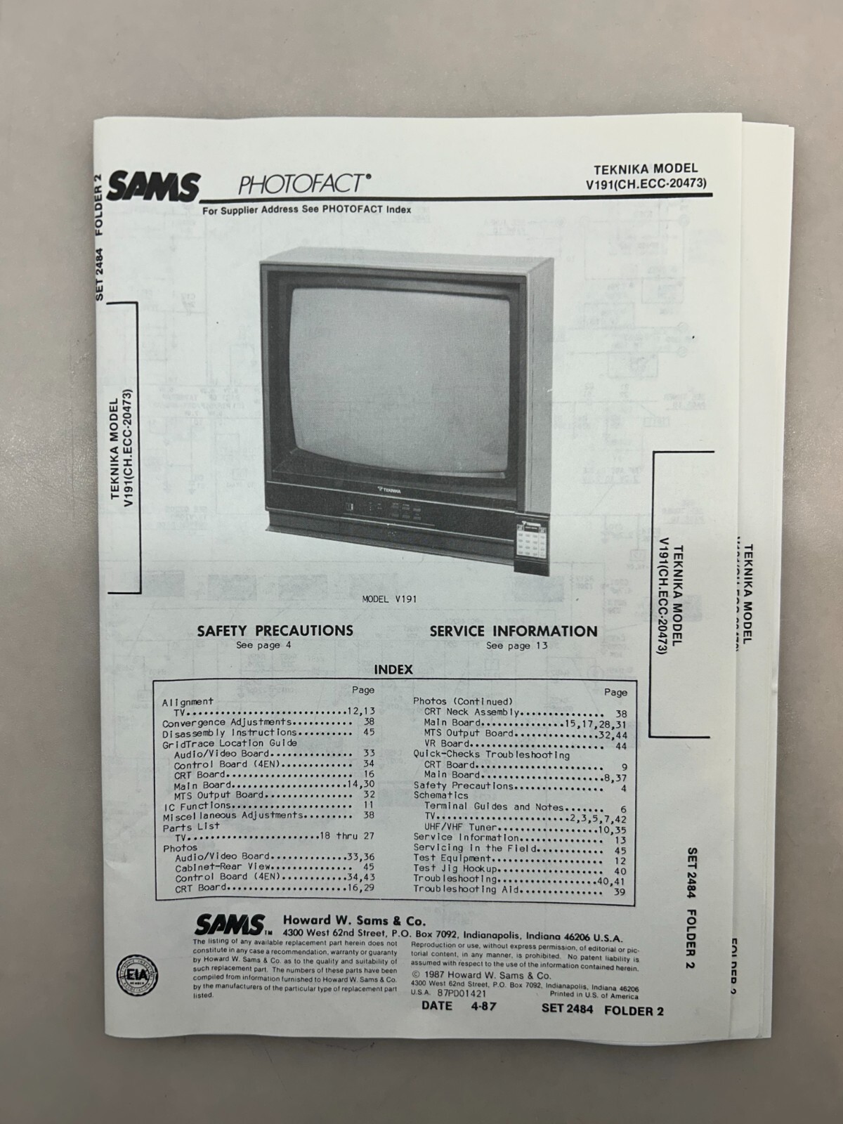Teknika V191 Service Manual Sams Photofact Free Shipping