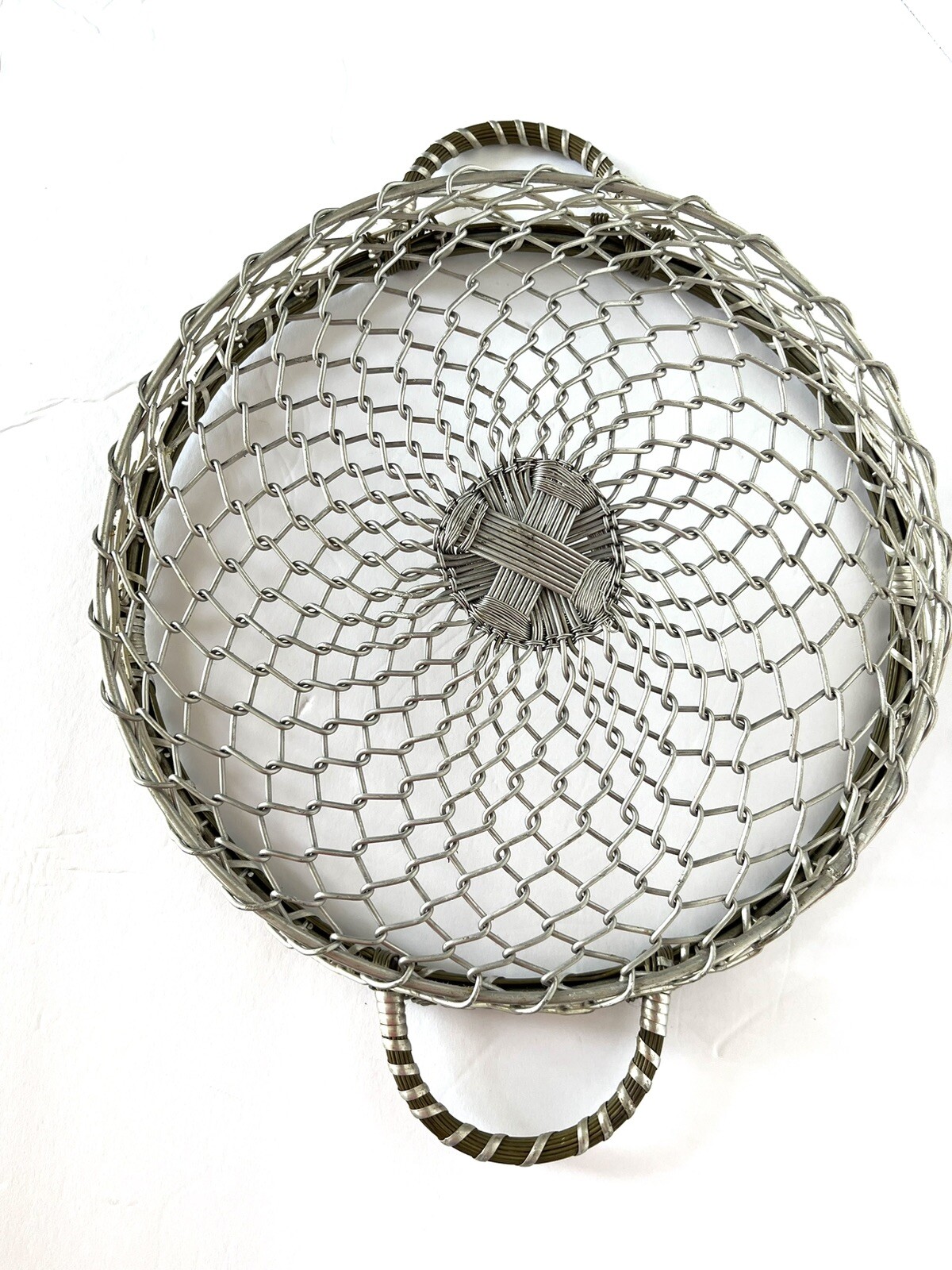 Woven Wire Basket Round Silvertone Kitchen Farmhouse Cabin Industrial Minimal