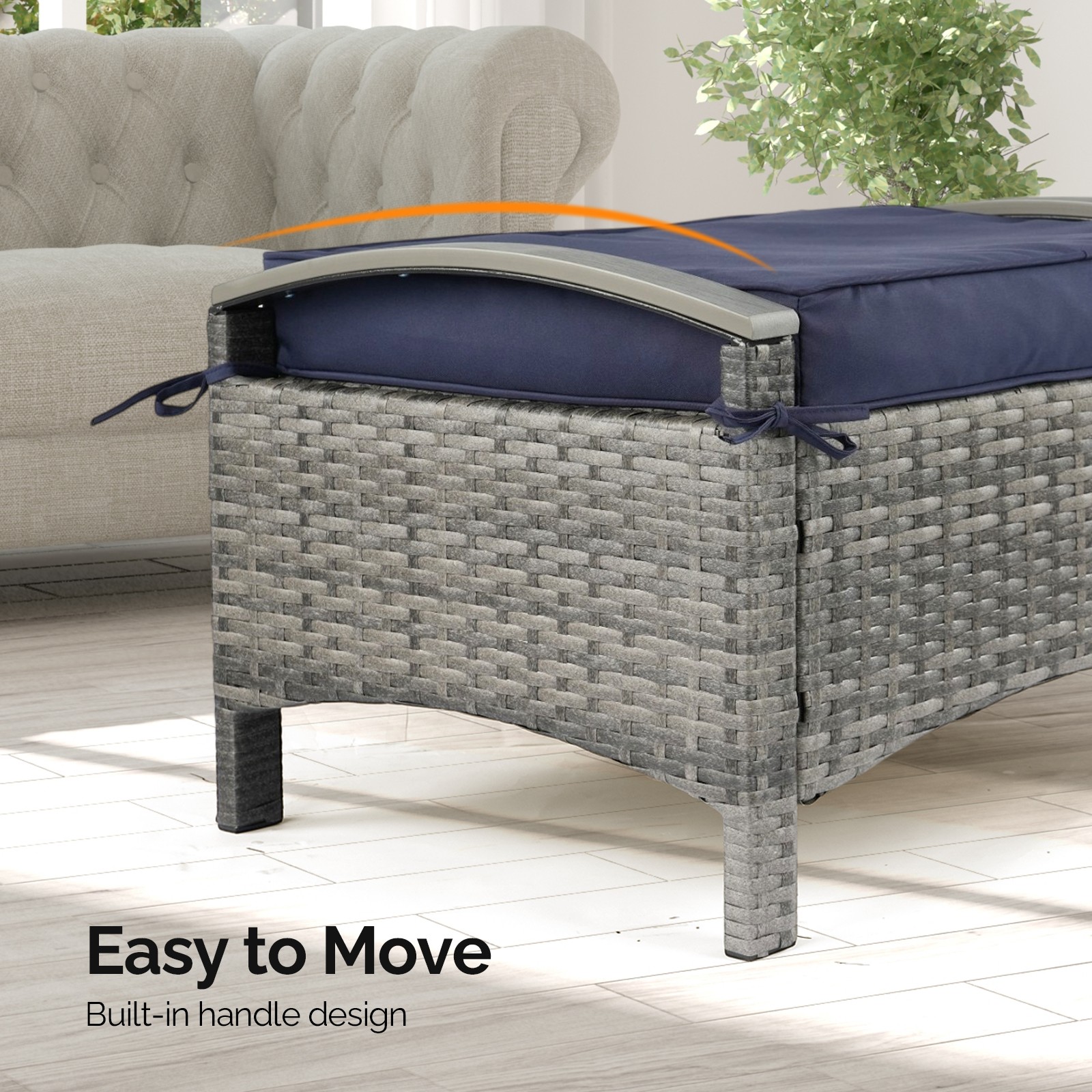 2 PCS Indoor Gray Rattan with Blue Cushion Plastic Wood Armrest Rattan Footstool