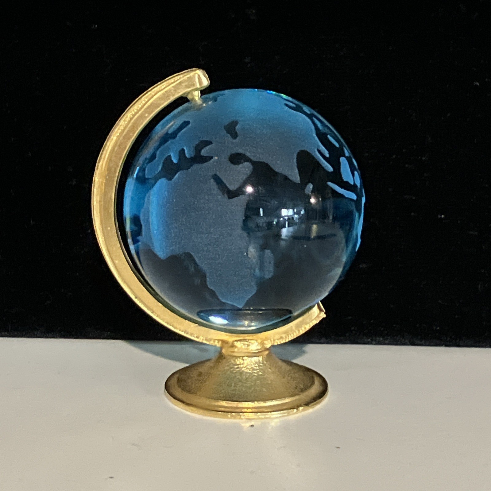 Vintage Glass Clear Etched Globe with Brass Stand Small Paperweight