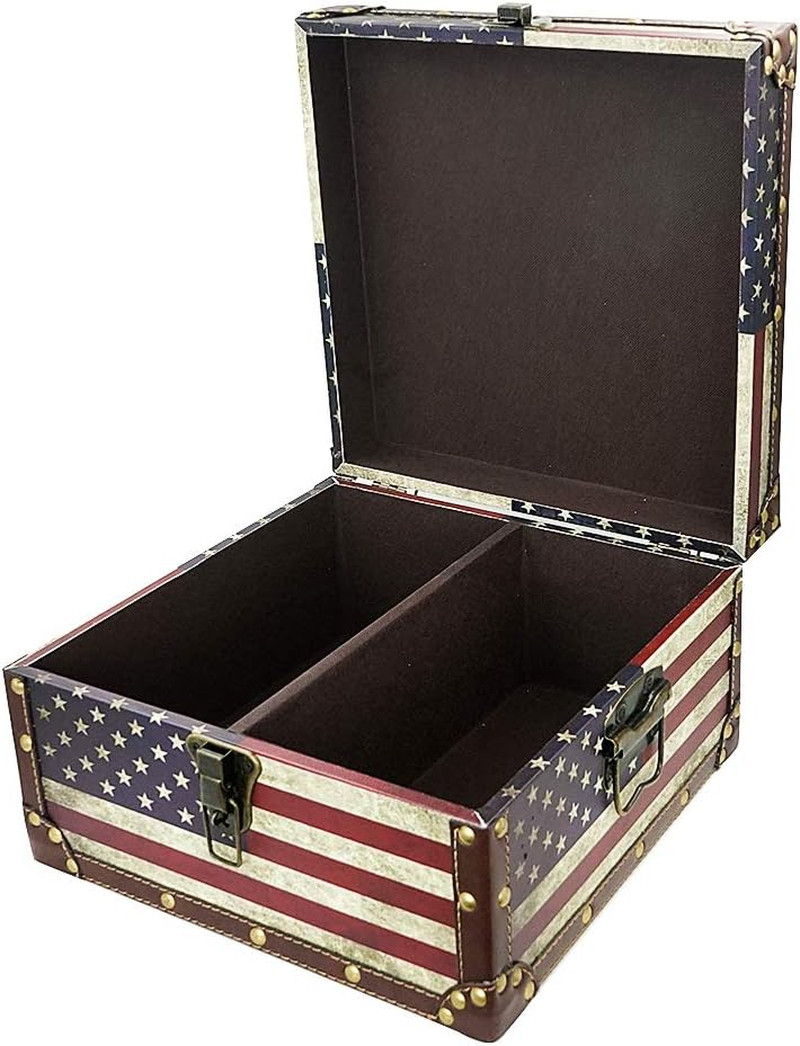 Large Wooden Decorative Storage Trunk - Vintage American Flag Memory Treasure Ch