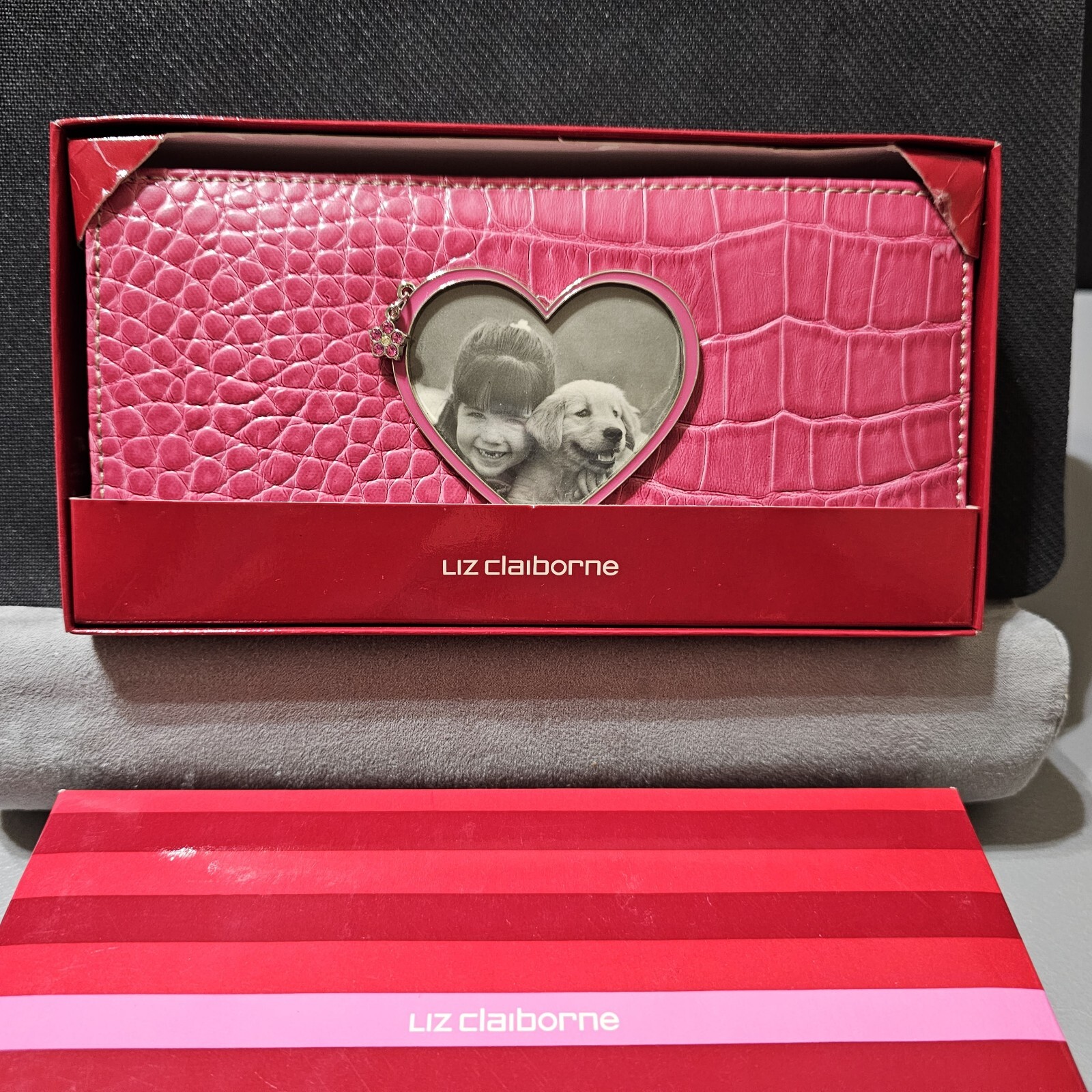 Liz Claiborne Pink Faux Croc Wristlet ~ Picture Display ~ Flower Charm~