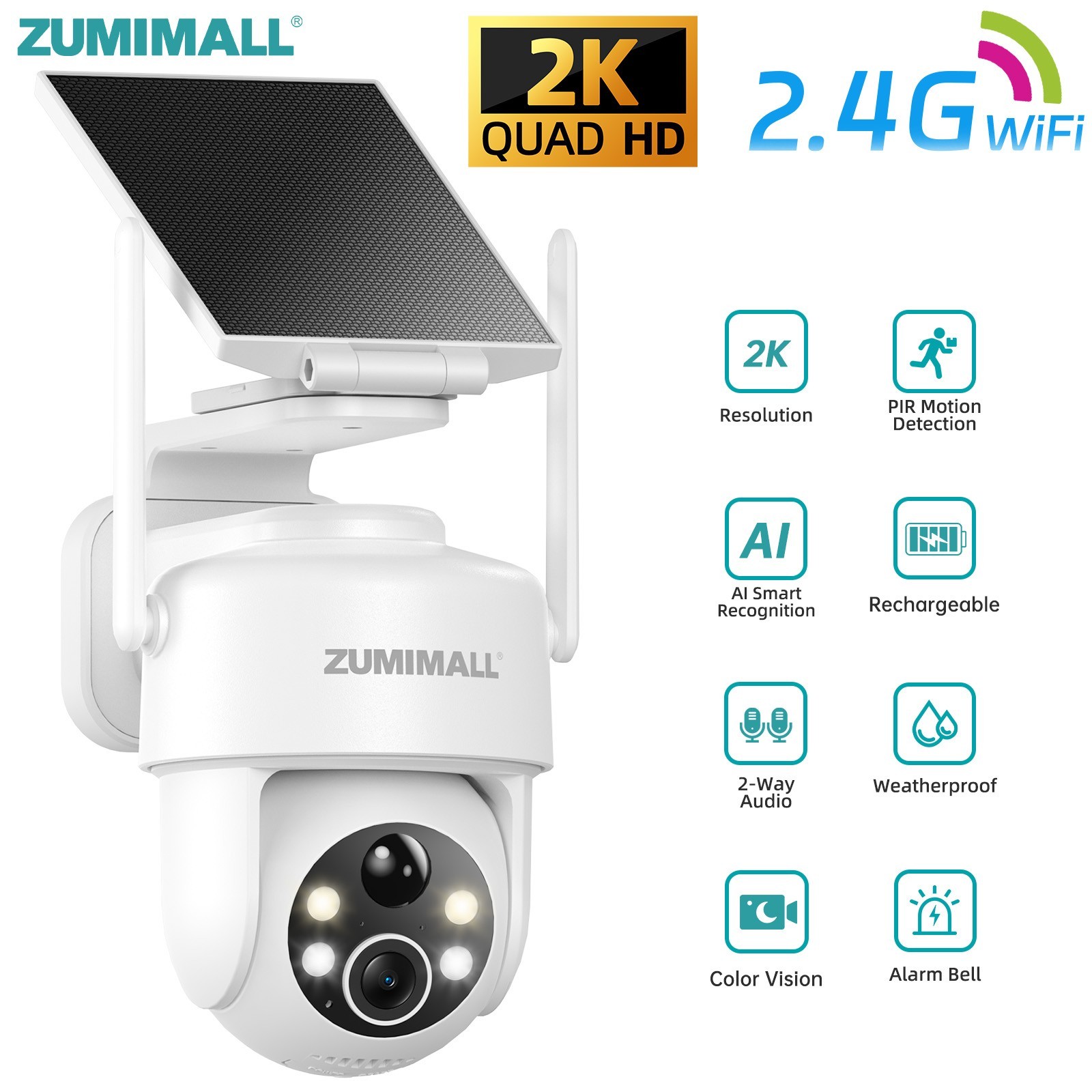 ZUMIMALL Solar Wireless Outdoor Security Camera 2.4GHz WiFi Color Night Vision