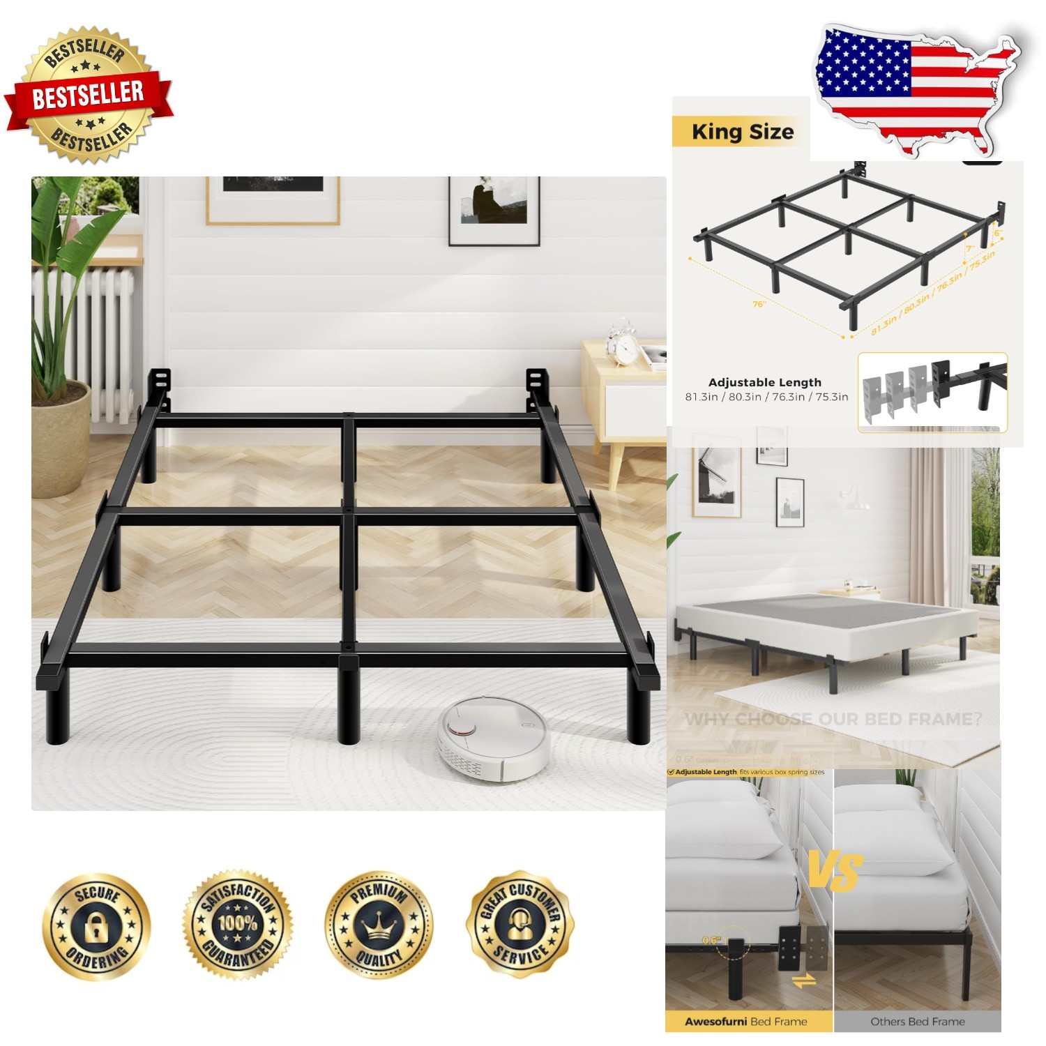 King Metal Bed Frame Heavy Duty 9-Leg Squeak Resistant Easy Assembly