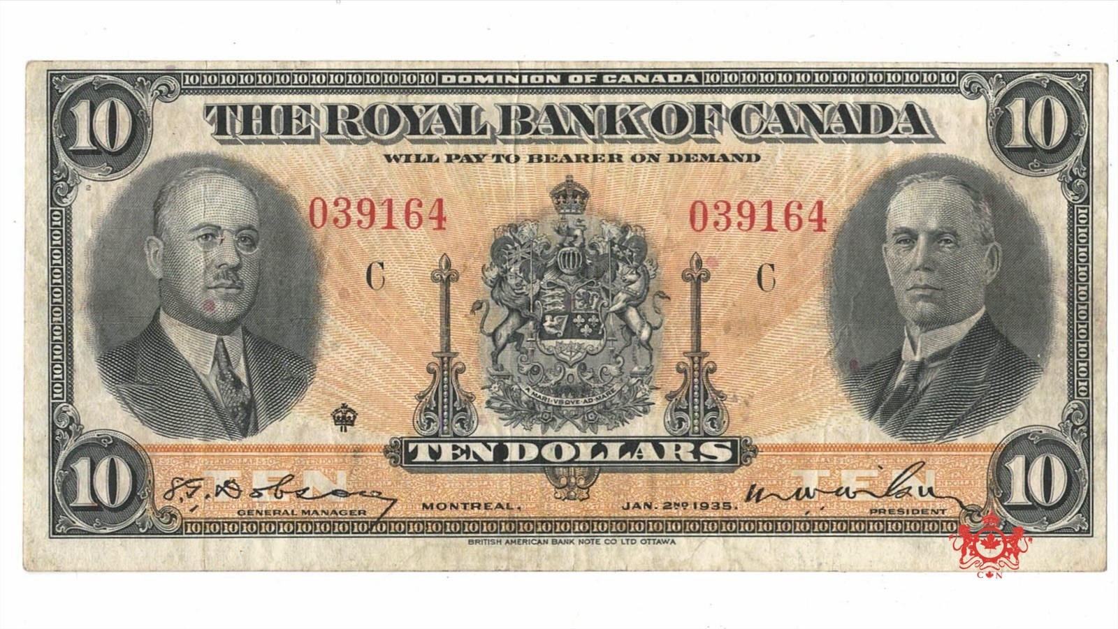 1935 The Royal Bank Of Canada 10$ Small Signature 039164 - VF/EF - 630-18-04
