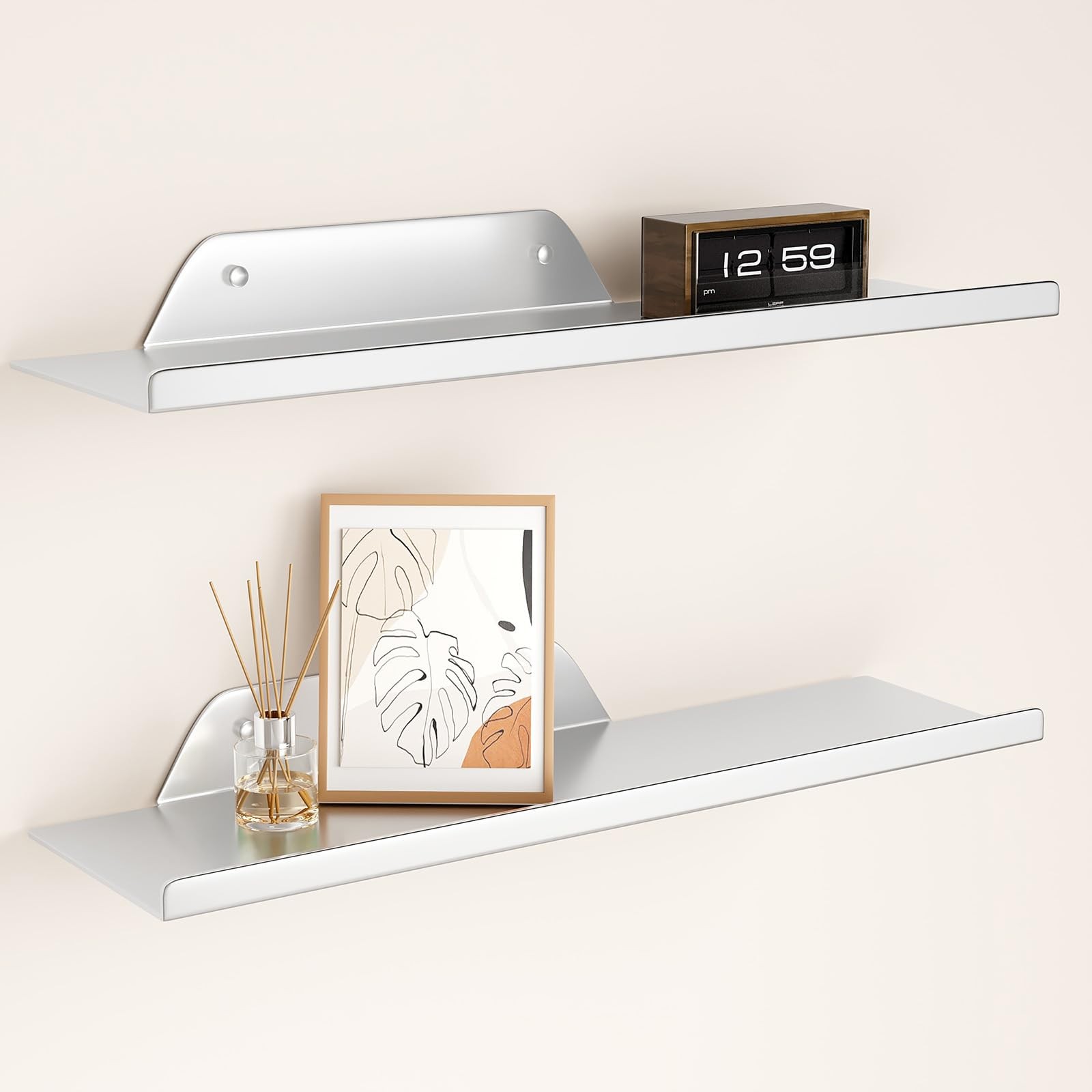 Floating Shelves for Wall, Off Center Metal Shelves for Living Room, Silver F...