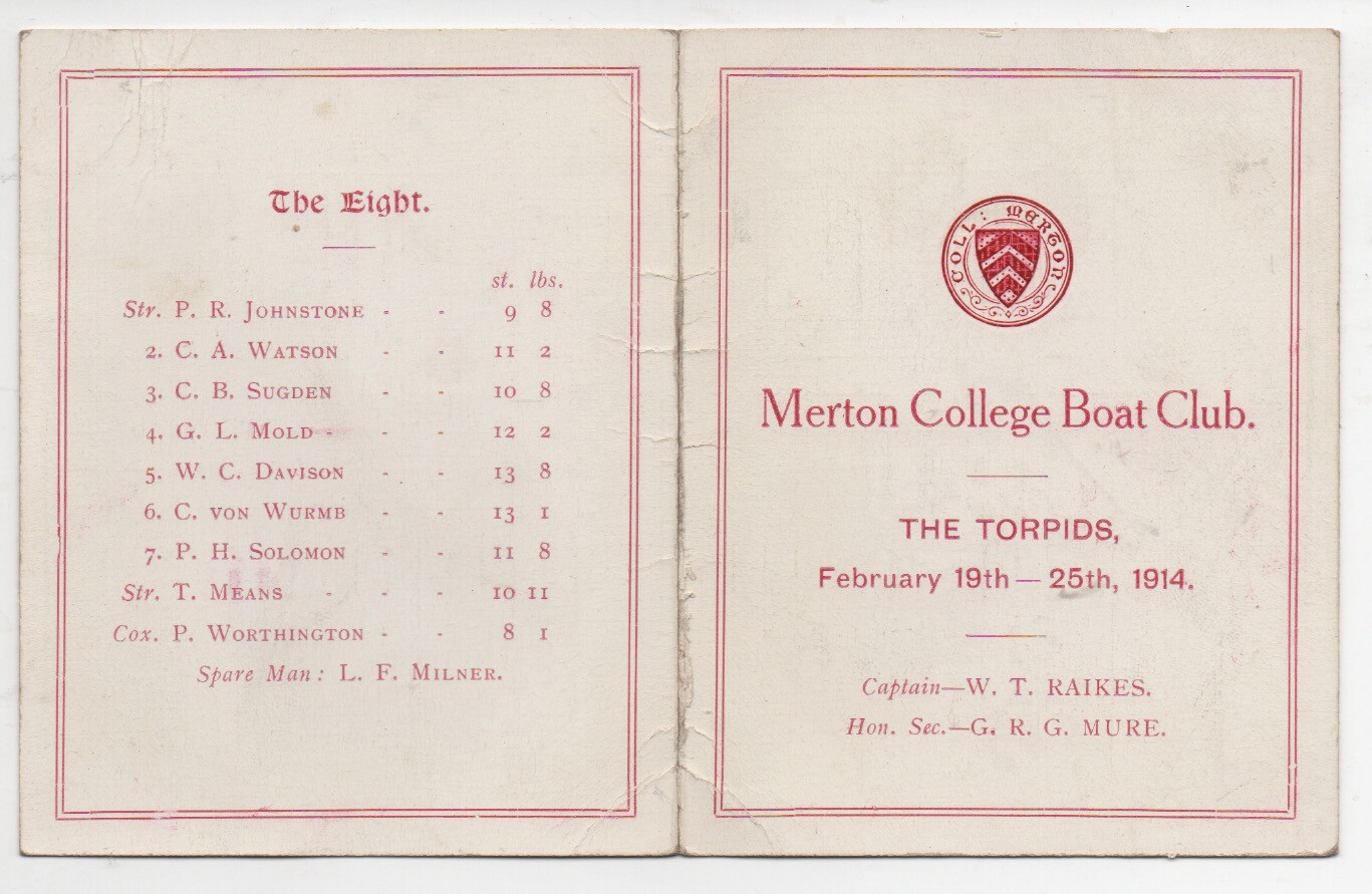 1914 Merton College Oxford England Boat Club Chart of the Torpids Program
