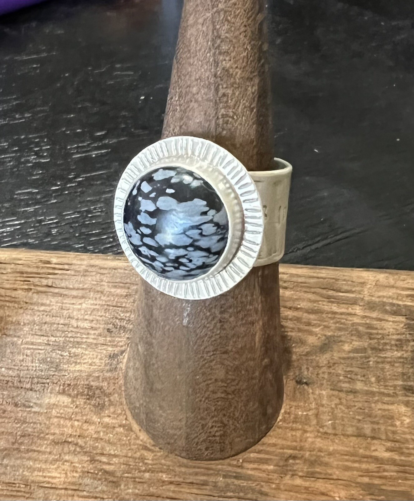 Hand Crafted Snowflake Obsidian Ring - Sterling Silver - Size 8