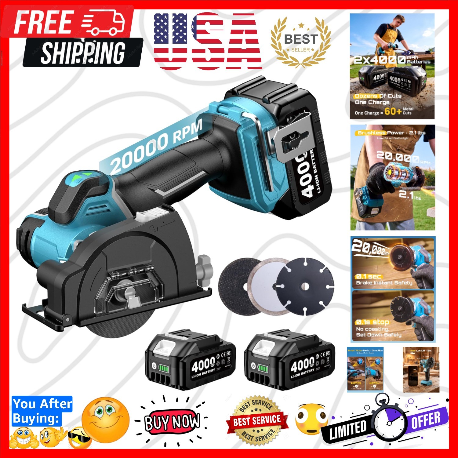 21V Brushless 3" Cordless Cut-Off Tool with 2x 4.0Ah Batteries, 20000 RPM Min...