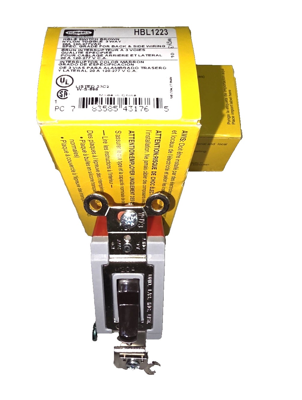 Hubbell HBL1223, Brown, 3-way Toggle Switch, 120-277V-AC 20A