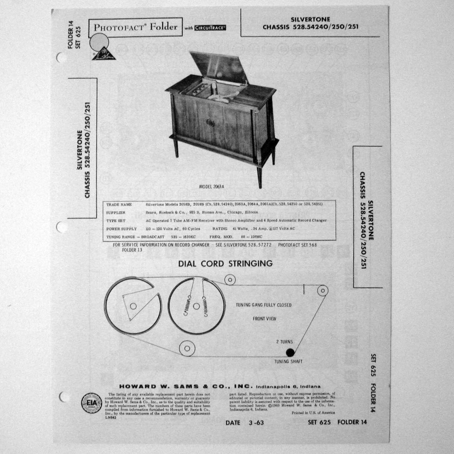 Silvertone Chassis 528.54240 -250 Model 2063A Stereo SAMS Photofact ™ 1963 - New