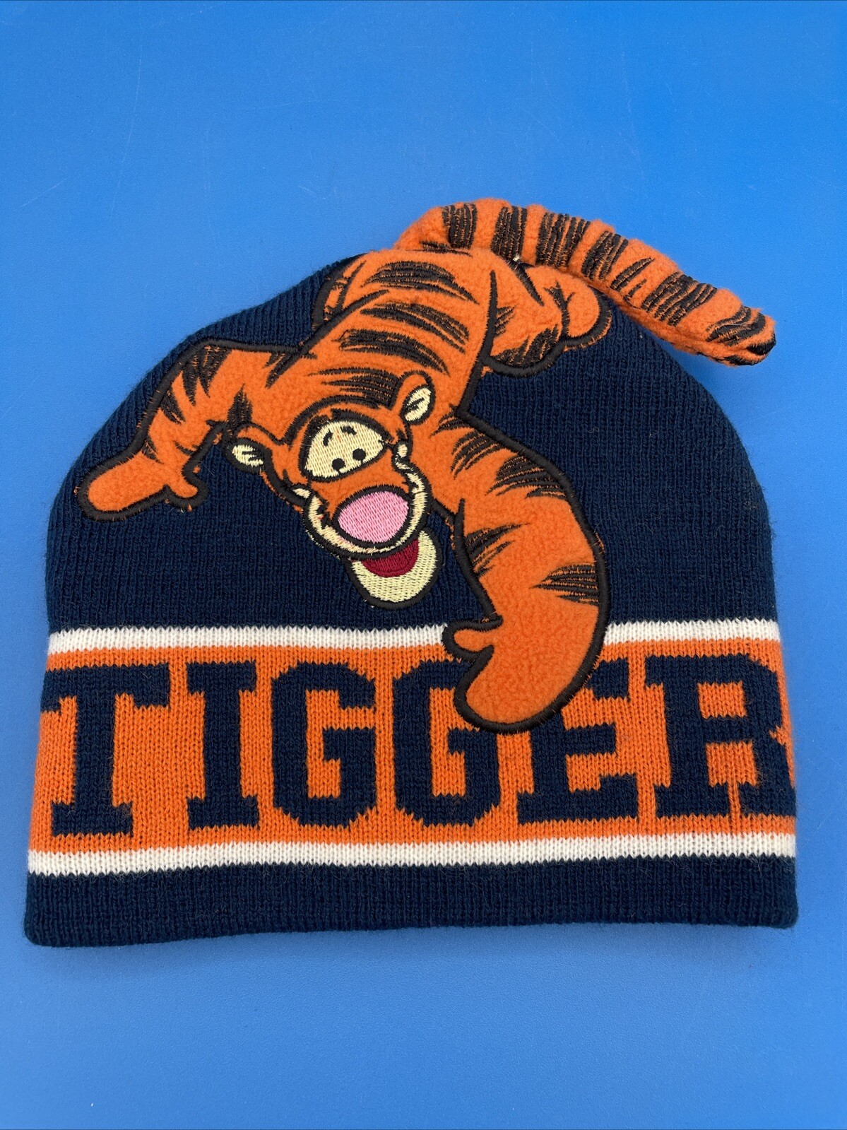 Disney Kids Boys Winter Hat TIGGER Navy and Orange Knit Beanie Hat with tail