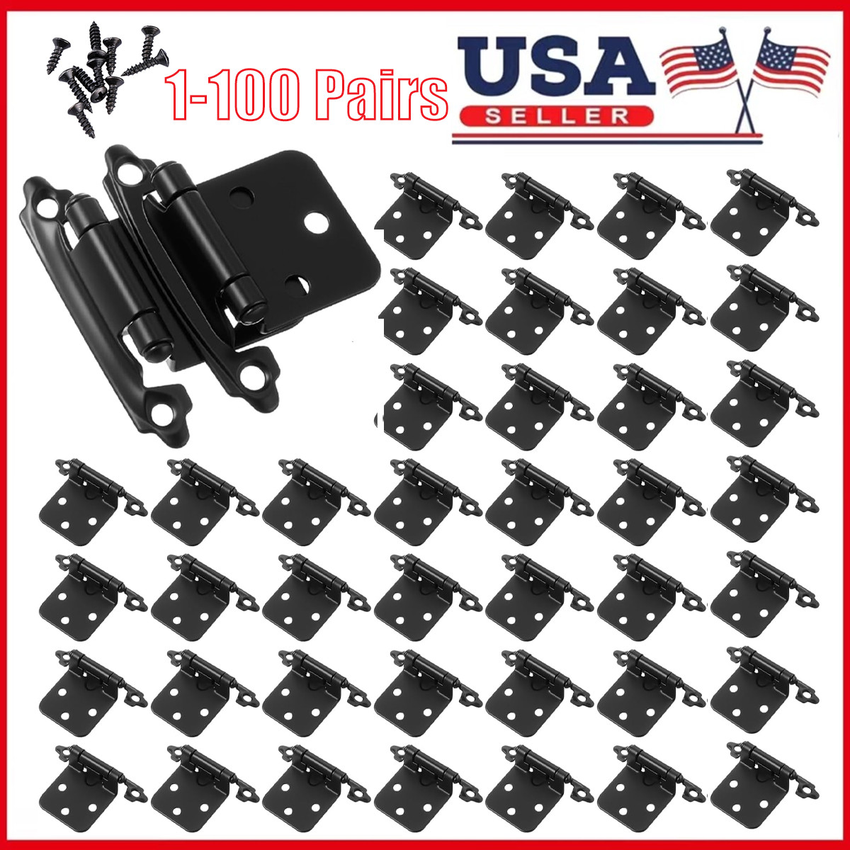 1-100 Pairs Self Closing Overlay Cupboard Door Kitchen Cabinet Hinges Black Lot