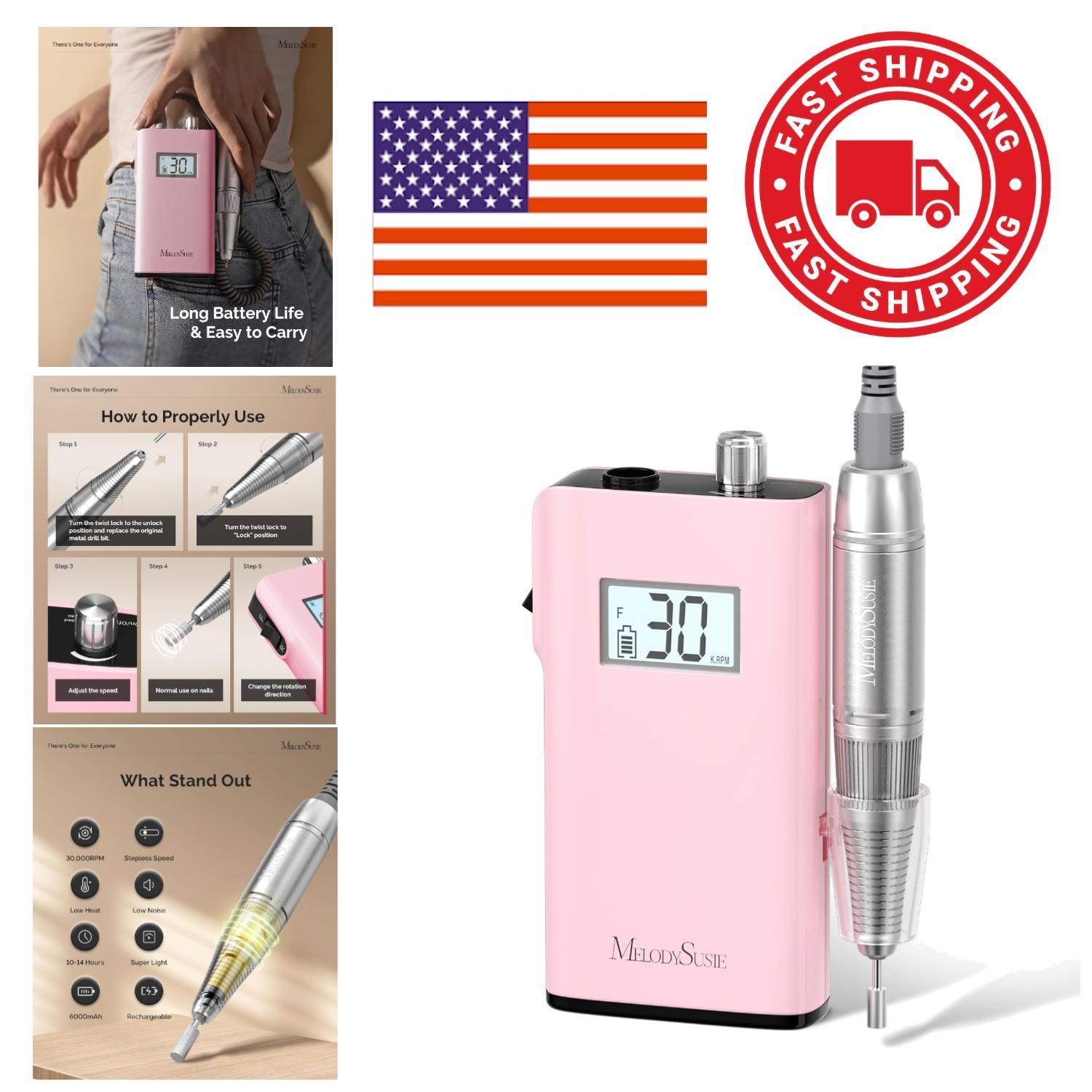 Entry Level Clip On Rechargeable Nail Drill 30000 RPM Pink for Manicure Shaping