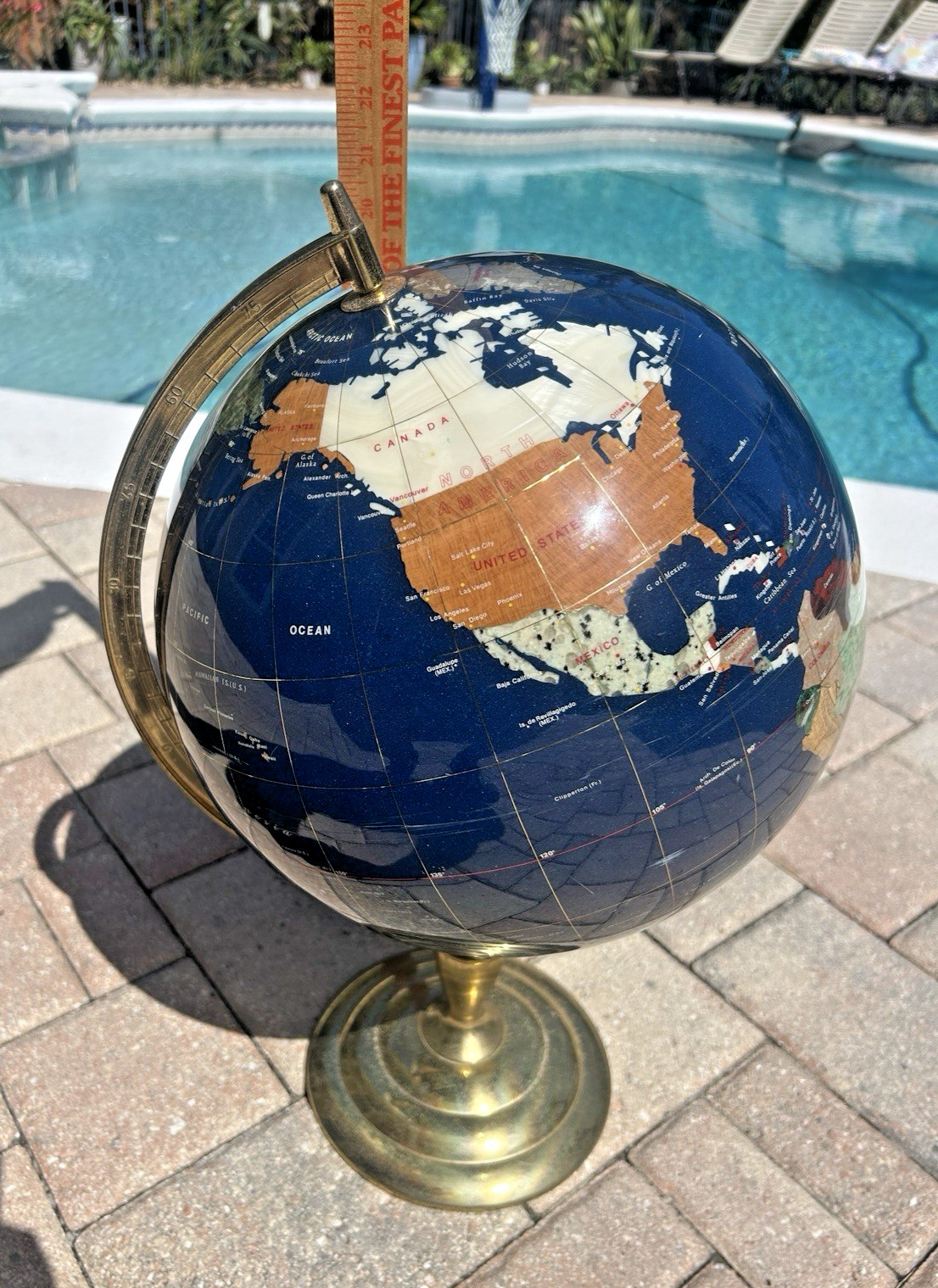 Inlaid Semi Precious Gemstones World Globe - LARGE 21" - Polished Brass Stand