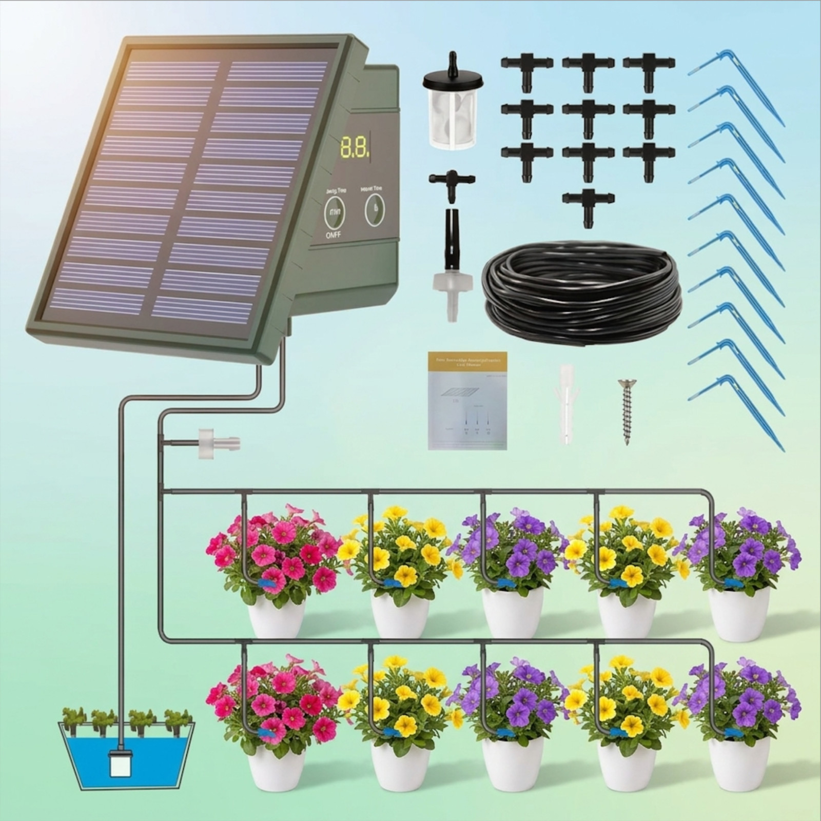 Solar Automatic Drip Irrigation Kit Timer IP65 for Garden Balcony DIY 10m Hose
