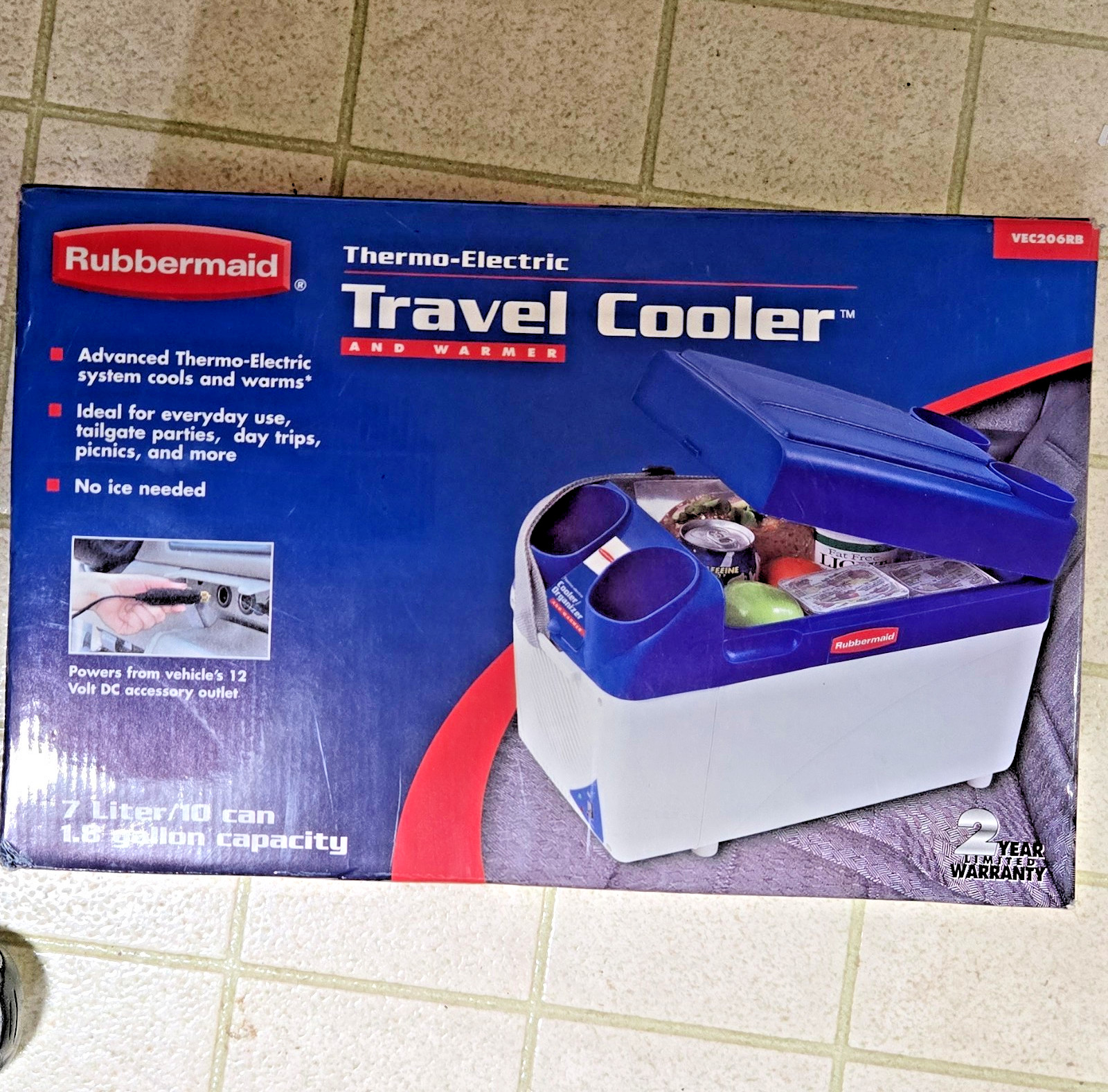 Rubbermaid VEC206RB Thermo-Electric Cooler & Warmer 7L 12V Blue White w/ Strap