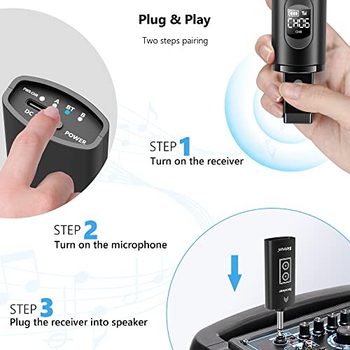 Wireless Microphone Rechargeable, 168FT Range Bluetooth Microphone Black