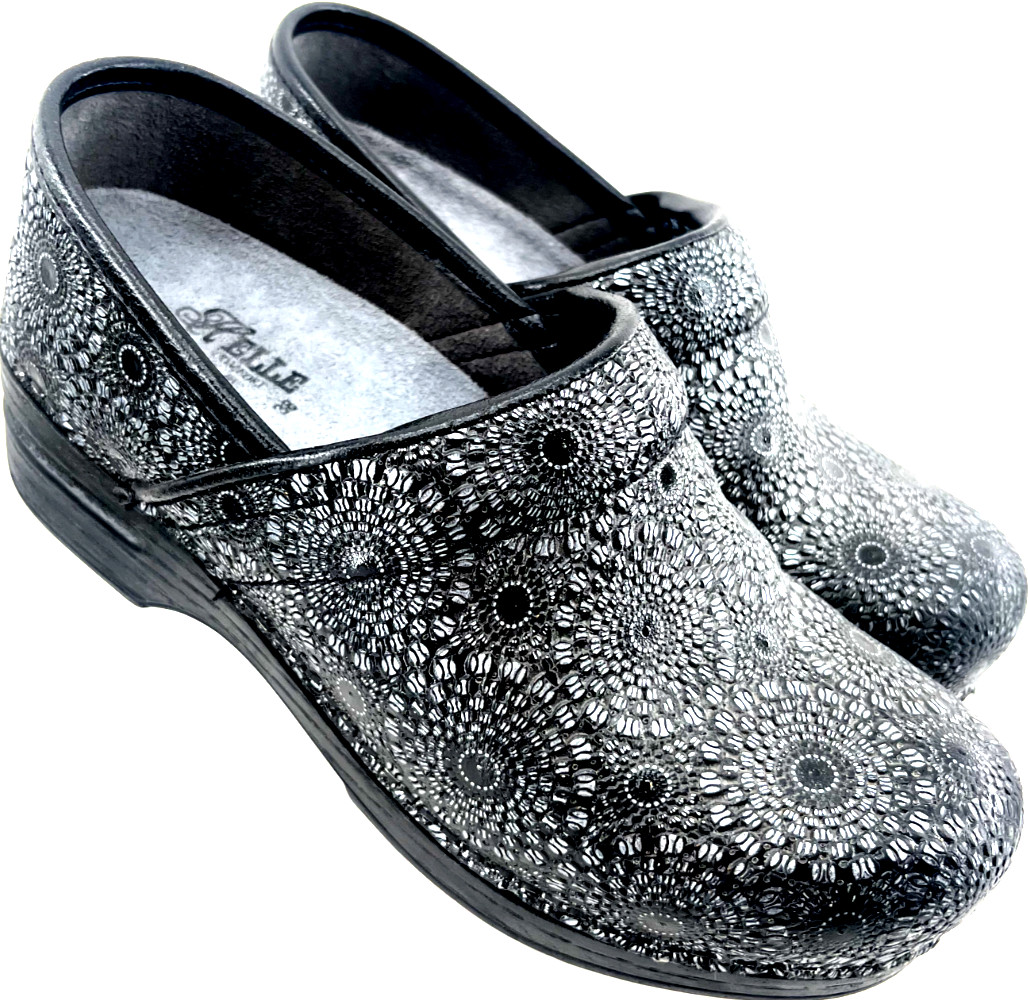 Helle Professional Stapled Embossed Slip-On Silver Clogs Shoes EU 36 Women's 5.5