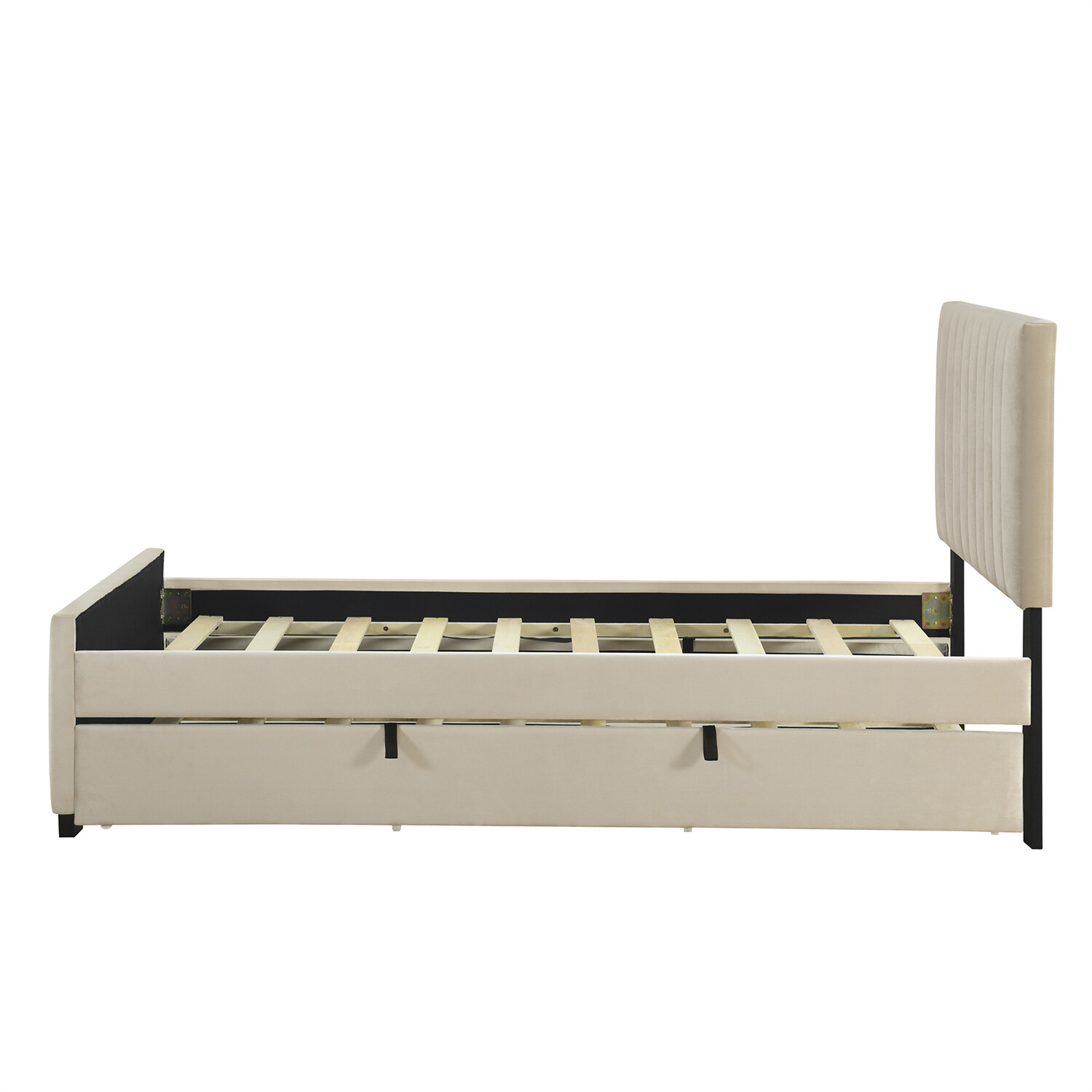 Twin Size Bed Frame Upholstered Platform Bed w/ Pull Out Trundle Beige/Pink US
